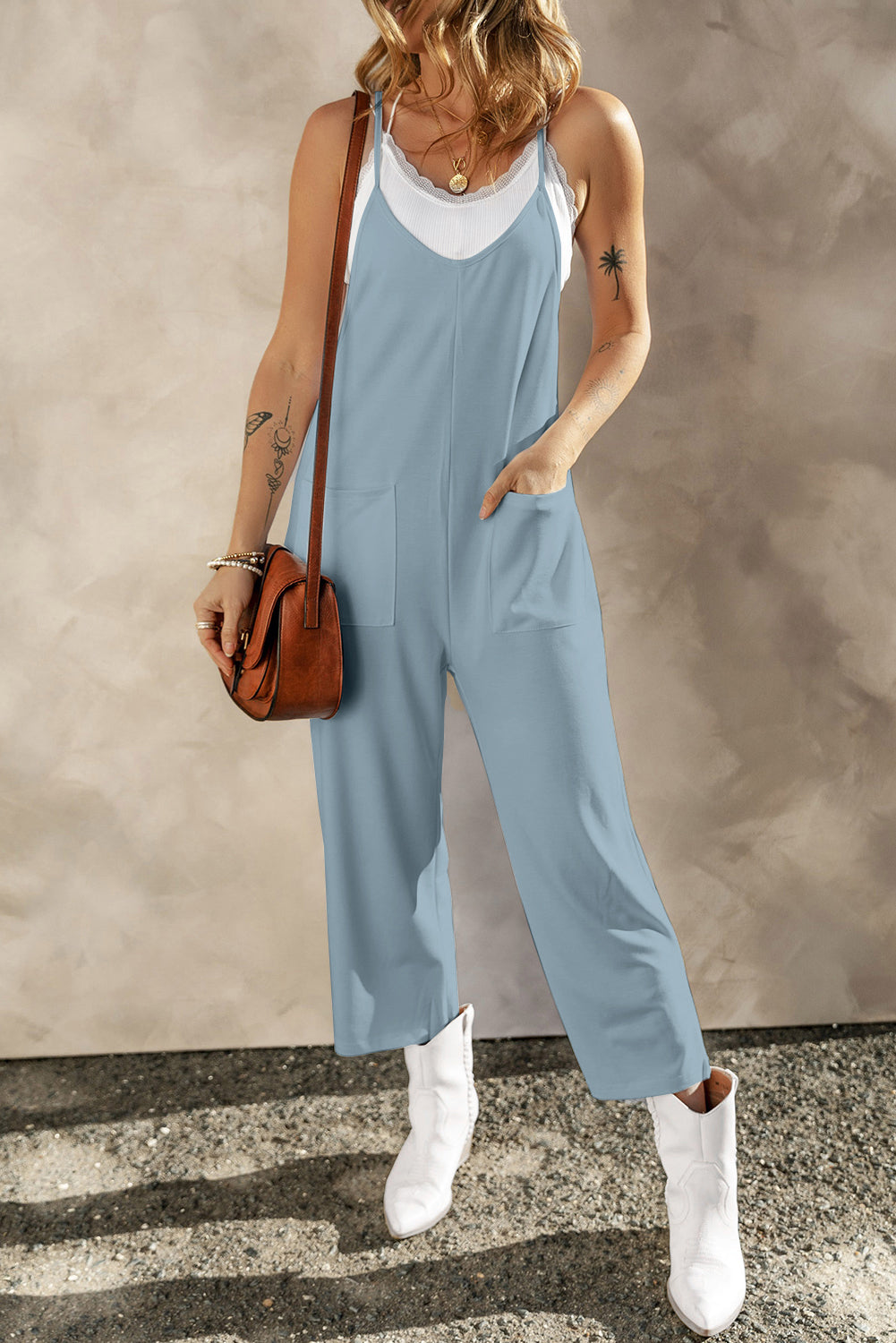 Pocketed Spaghetti Strap Wide Leg Jumpsuit-TOPS / DRESSES-[Adult]-[Female]-Light Blue-S-2022 Online Blue Zone Planet