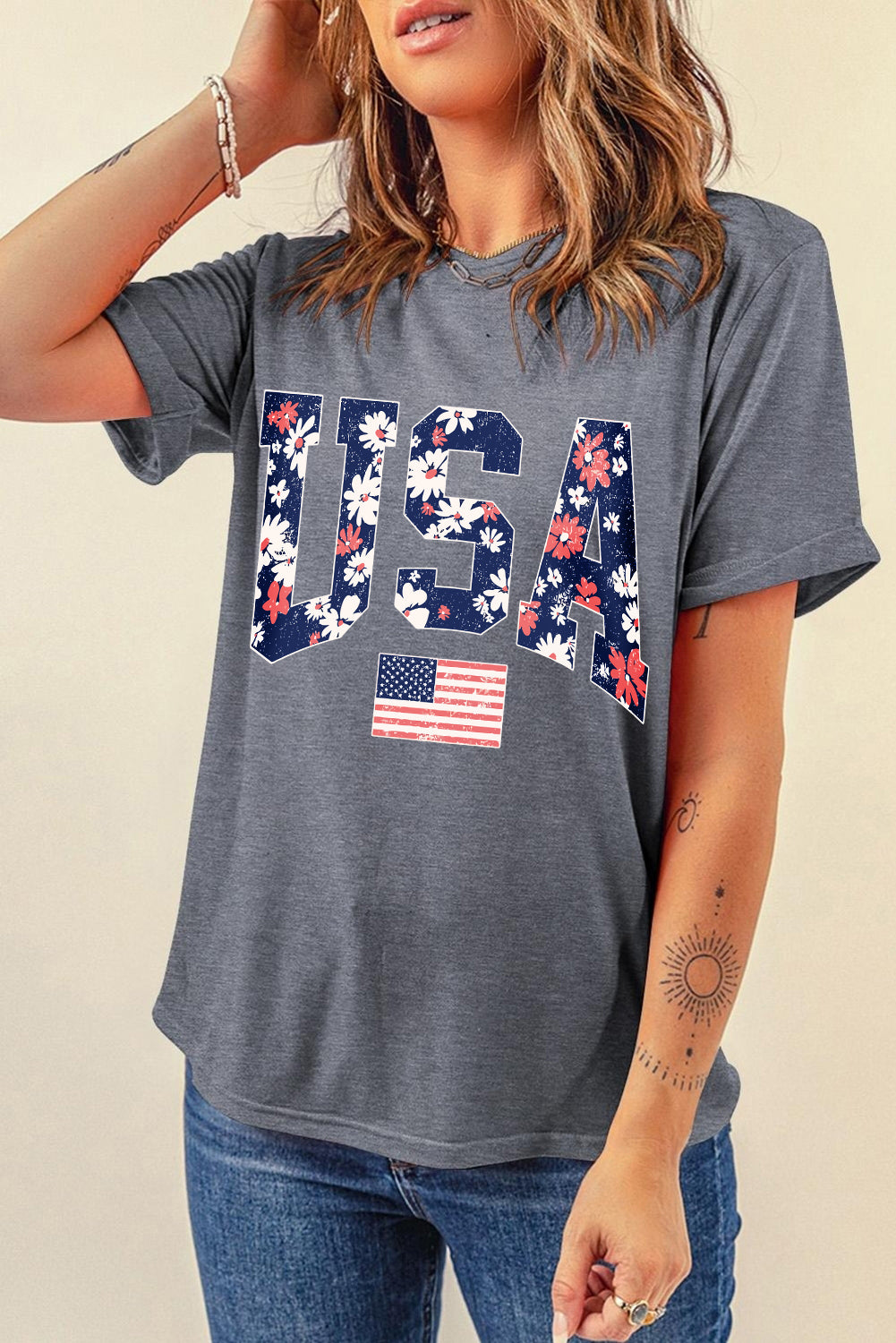 Gray Blooming USA Flag Print Casual T Shirt-Graphic/Graphic Tees-[Adult]-[Female]-2022 Online Blue Zone Planet