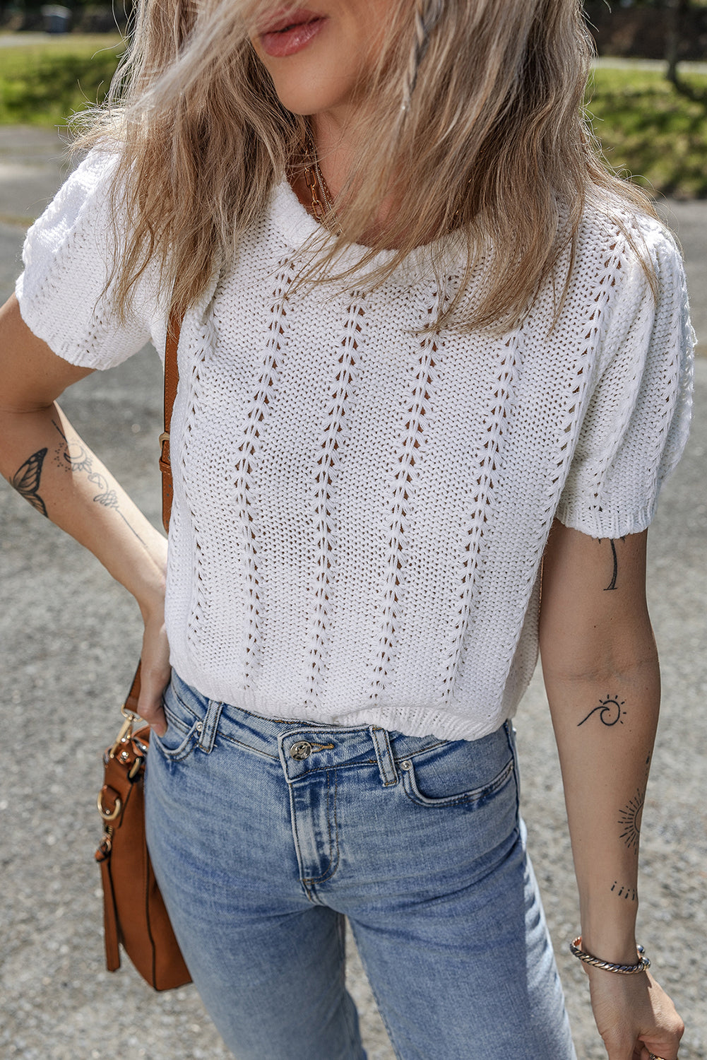 White Pointelle Knit Short Puff Sleeve Crewneck Sweater-TOPS / DRESSES-[Adult]-[Female]-White-S-2022 Online Blue Zone Planet