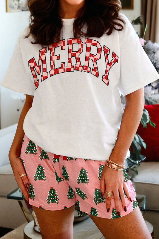 Pink Checkered MERRY Graphic Christmas Tree Print Short Lounge Set-Loungewear & Sleepwear/Loungewear-[Adult]-[Female]-2022 Online Blue Zone Planet