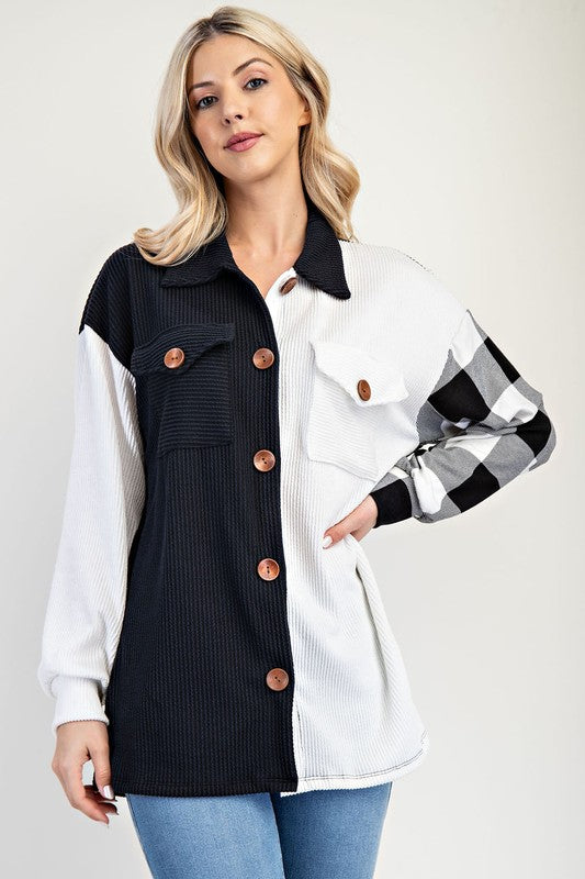 Blue Zone Planet | Celeste Full Size Plaid Contrast Button Up Shacket-TOPS / DRESSES-[Adult]-[Female]-White-S-2022 Online Blue Zone Planet