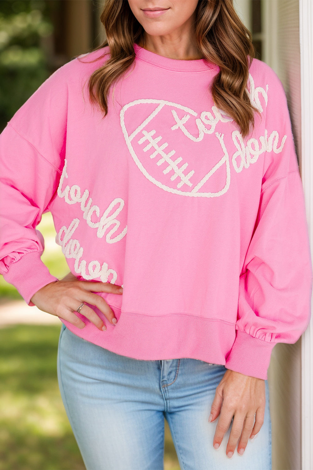 Football & Letter Round Neck Long Sleeve Sweatshirt-TOPS / DRESSES-[Adult]-[Female]-Blush Pink-S-2022 Online Blue Zone Planet