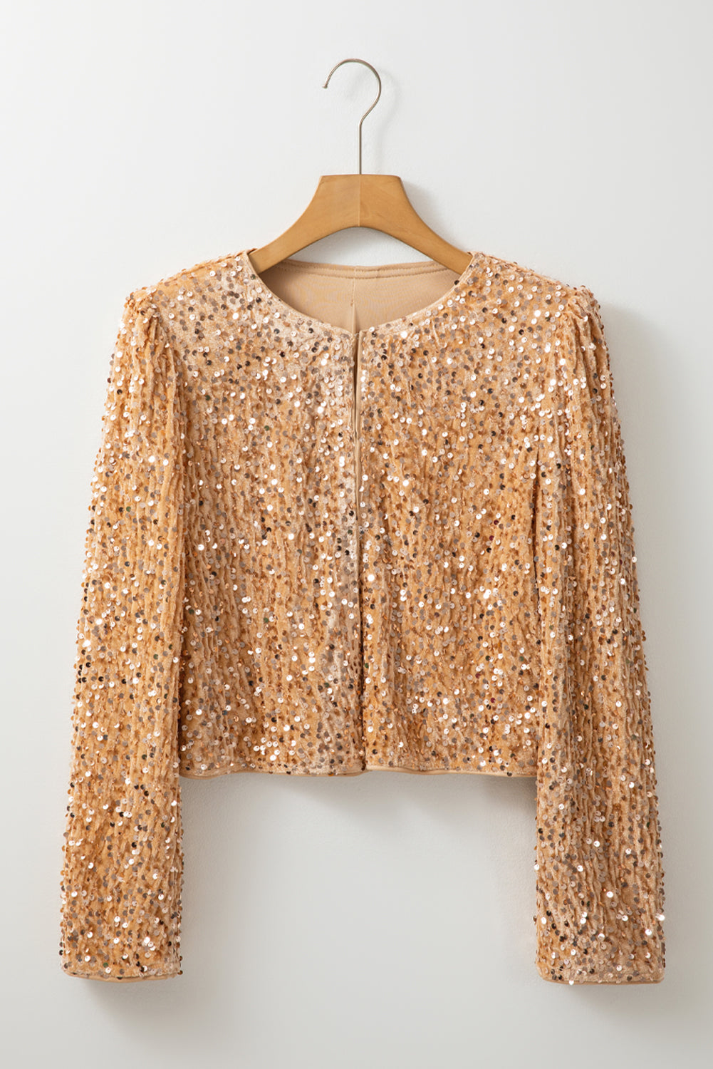 Sequin Open Front Long Sleeve Jacket-TOPS / DRESSES-[Adult]-[Female]-Tan-S-2022 Online Blue Zone Planet