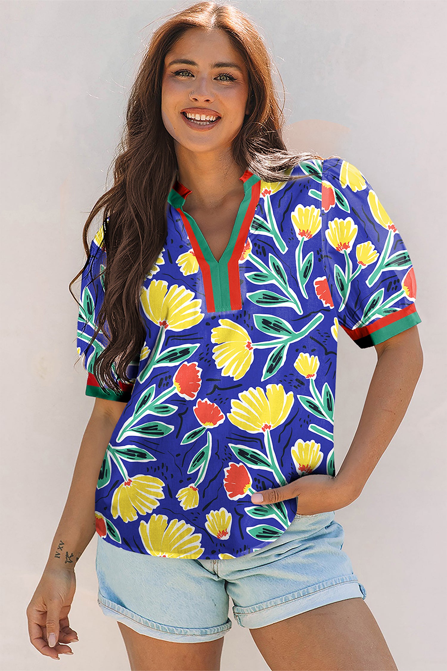 Blue Wild Floral Printed Contrast Striped Patchwork V Neck Short Sleeve Blouse-Tops/Blouses & Shirts-[Adult]-[Female]-2022 Online Blue Zone Planet