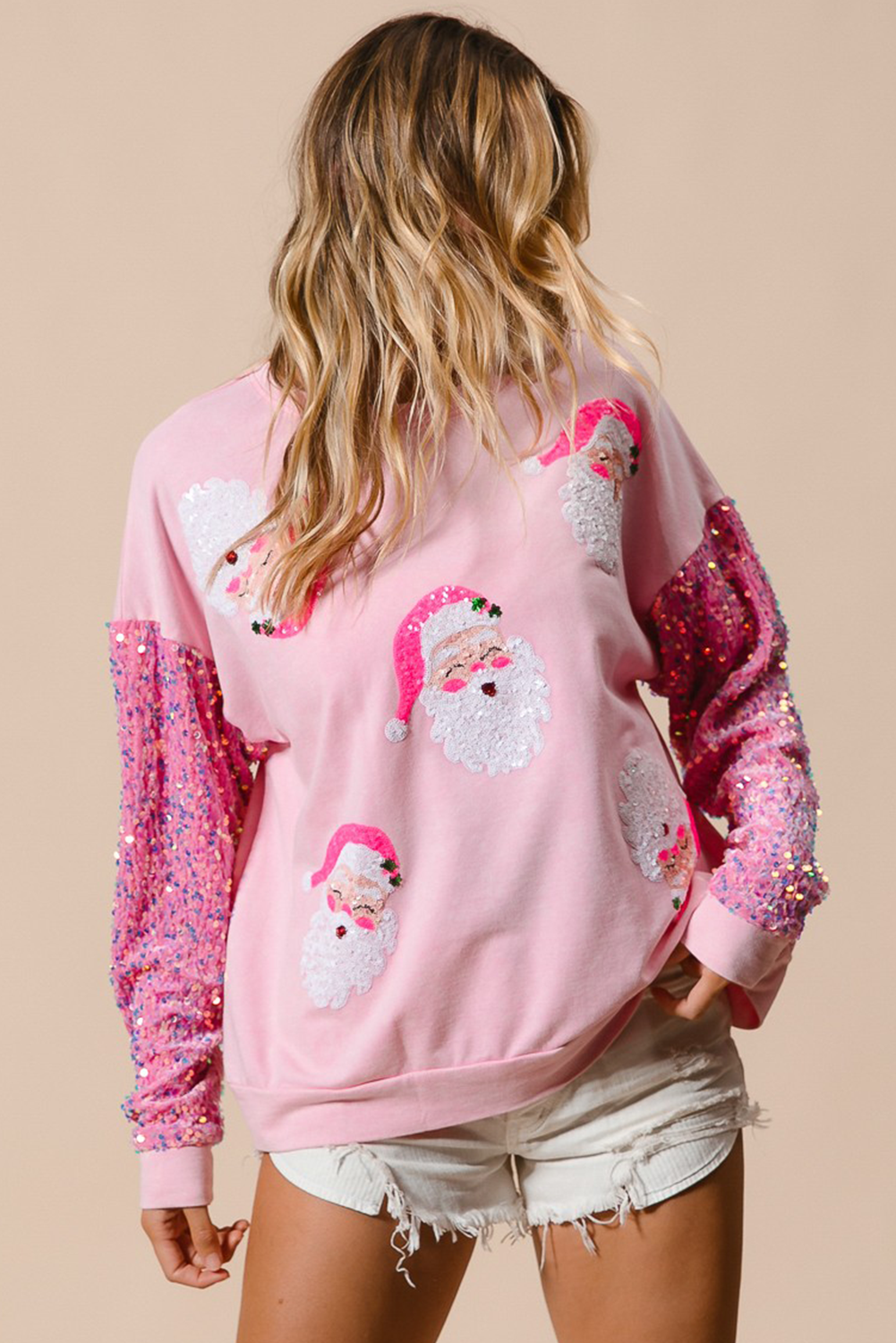 Blue Zone Planet | Pink Sequined Santa Claus Long Sleeve Christmas Sweatshirt-Sweatshirts & Hoodies-[Adult]-[Female]-2022 Online Blue Zone Planet