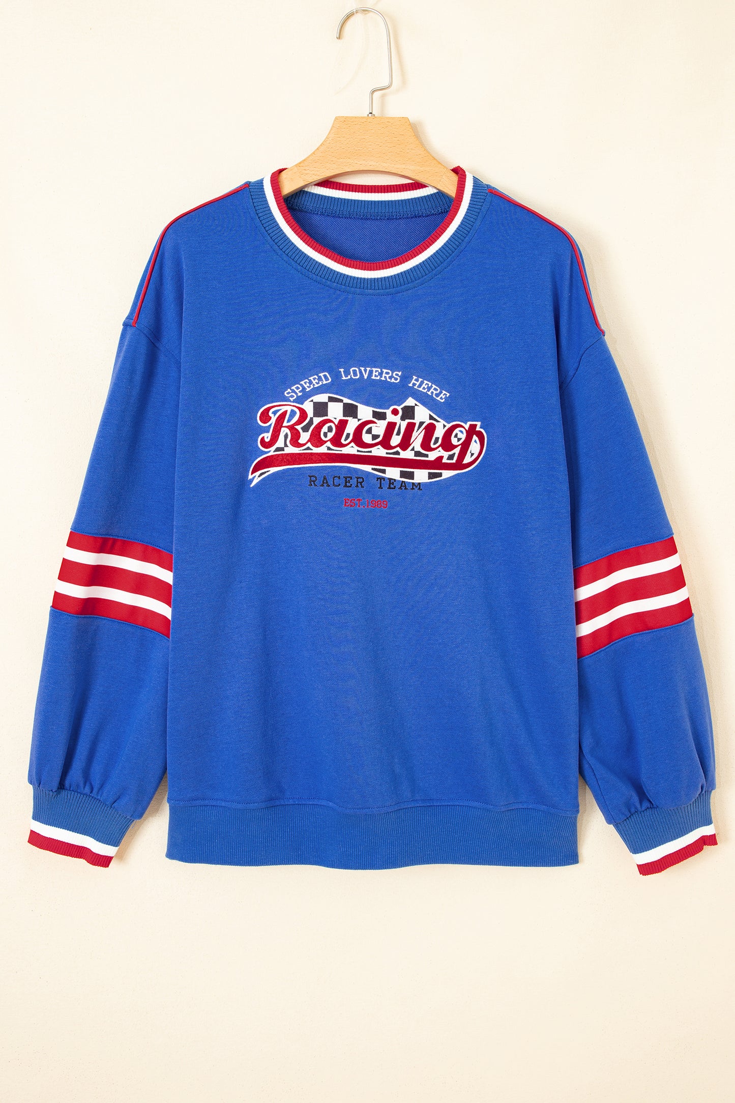 Sky Blue Abstract Racing Graphic Embroidered Patchwork Long Sleeve Sweatshirt