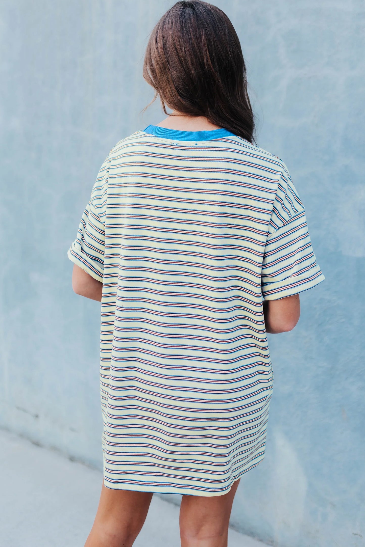 White Stripe Drop Shoulder Cuffed Sleeve Loose Tunic T Shirt Mini Dress-Dresses/T Shirt Dresses-[Adult]-[Female]-2022 Online Blue Zone Planet