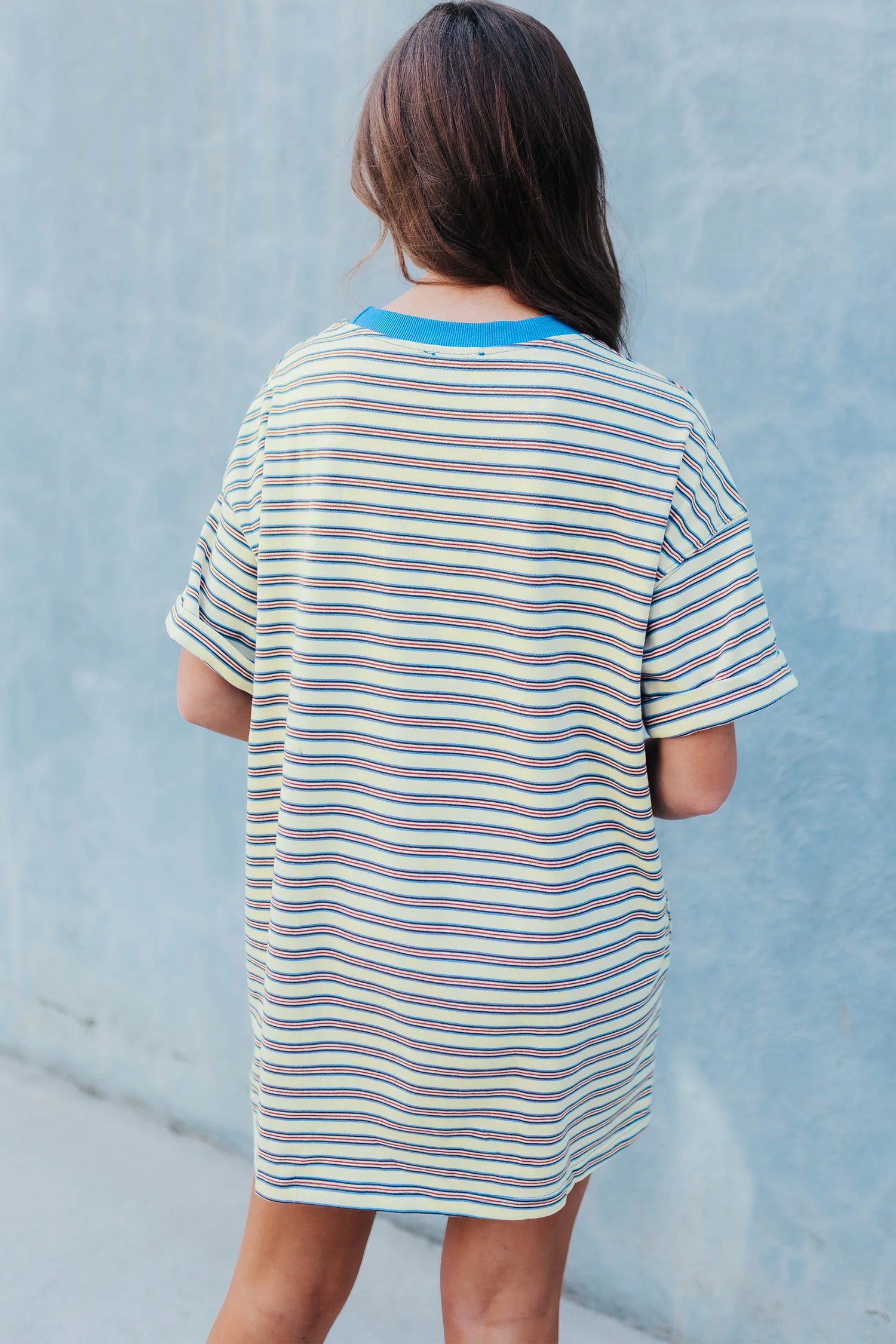 White Stripe Drop Shoulder Cuffed Sleeve Loose Tunic T Shirt Mini Dress-Dresses/T Shirt Dresses-[Adult]-[Female]-2022 Online Blue Zone Planet