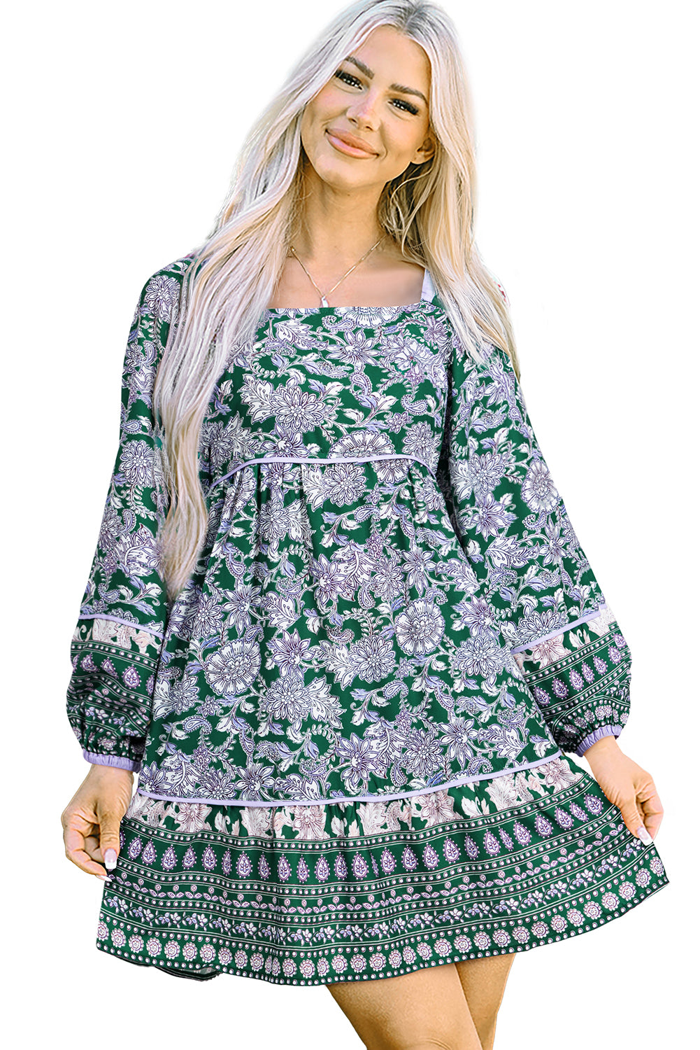 Green Floral Print Piping Trim Bubble Sleeve Bohemian Dress-Short Dresses-[Adult]-[Female]-2022 Online Blue Zone Planet