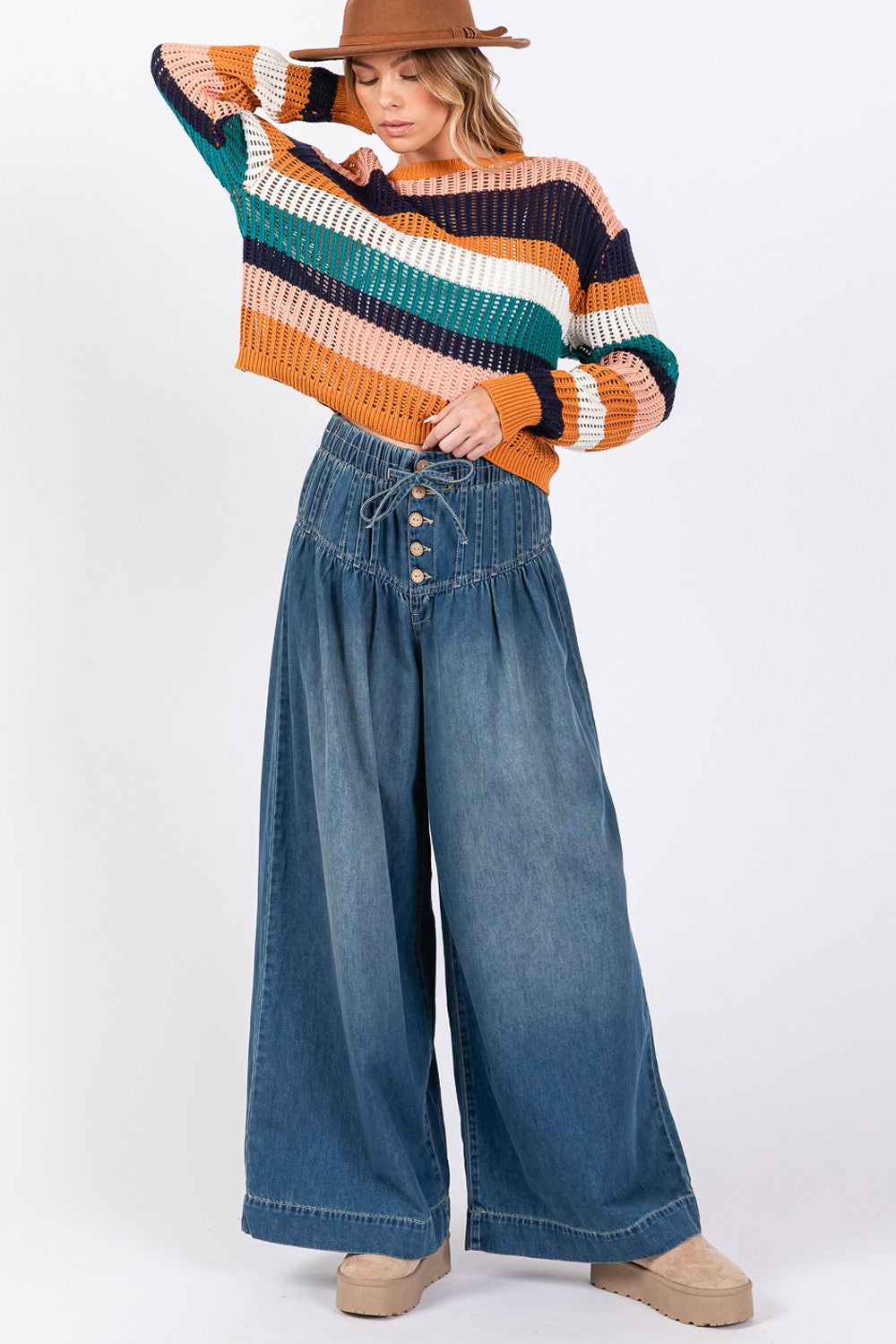 SAGE+FIG Smocked Waist Band Wide Leg Jeans-BOTTOMS SIZES SMALL MEDIUM LARGE-[Adult]-[Female]-2022 Online Blue Zone Planet