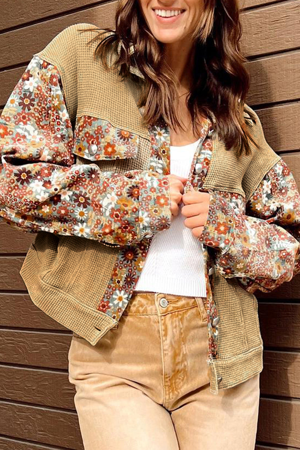 Khaki Waffle Knit Floral Print Patchwork Button up Jacket-Outerwear/Jackets-[Adult]-[Female]-Khaki-S-2022 Online Blue Zone Planet