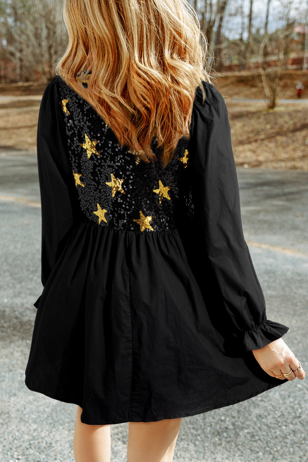 Black Sequined Stars Flounce Sleeve Ruffled Babydoll Dress-TOPS / DRESSES-[Adult]-[Female]-2022 Online Blue Zone Planet