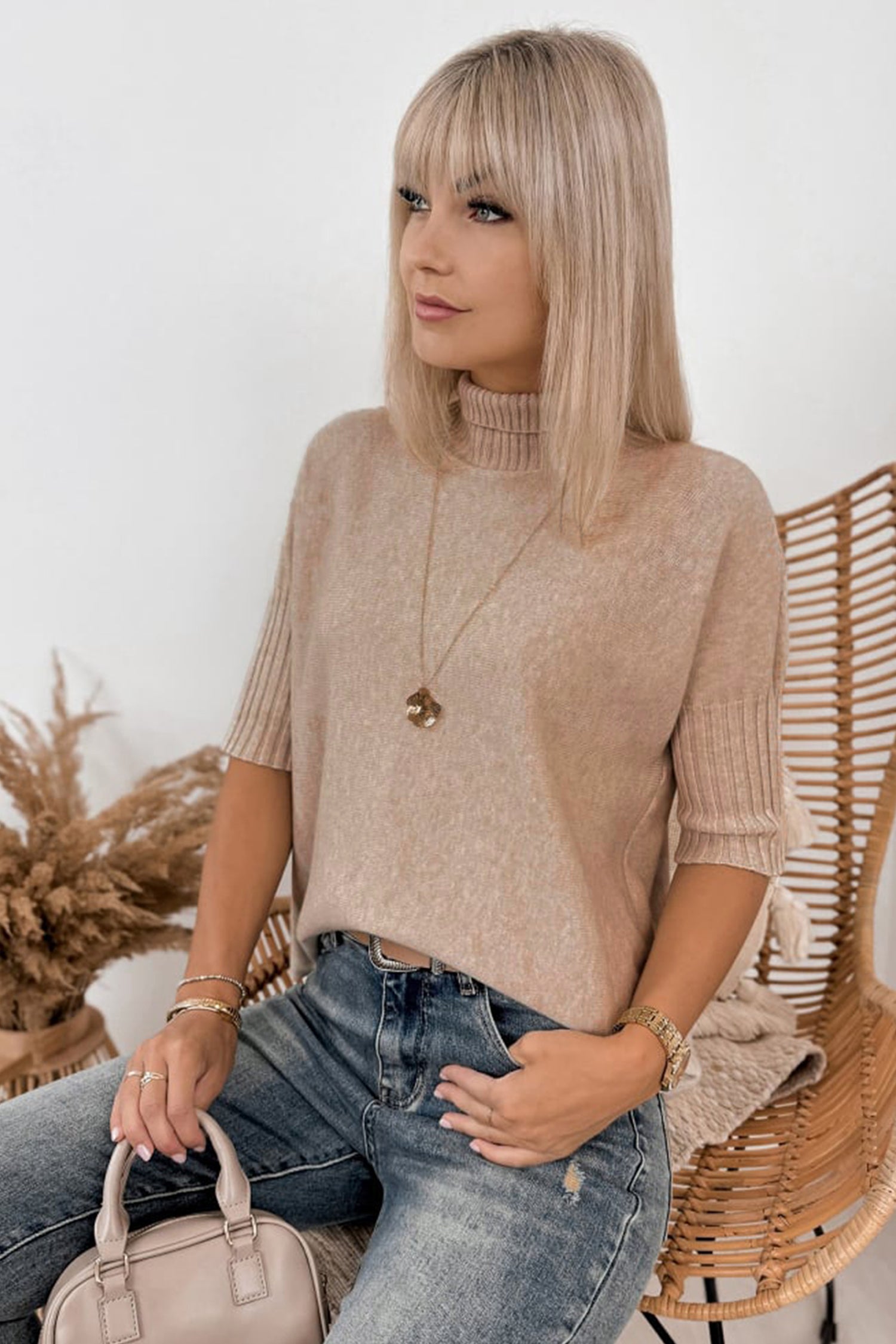 Beige High Neck Short Sleeve Solid Shift Sweater Regular Wash Casual Daily Wear-Sweaters & Cardigans/Short Sleeve Sweaters-[Adult]-[Female]-2022 Online Blue Zone Planet