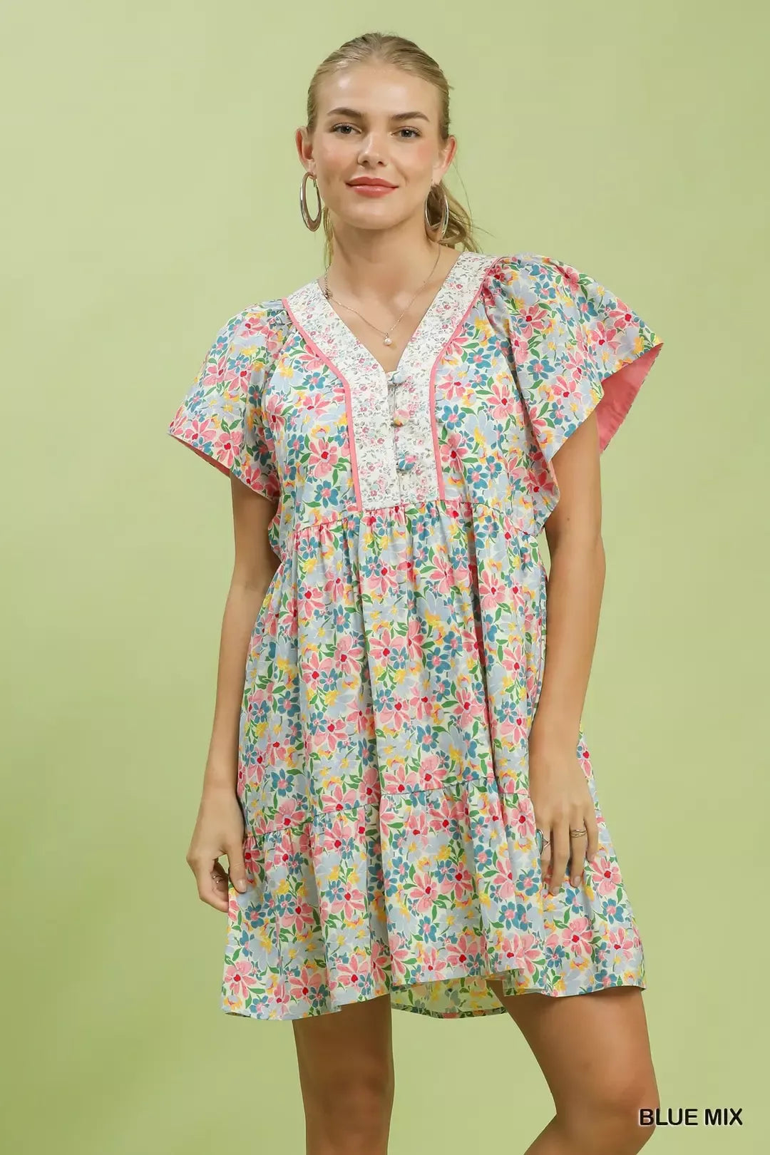 Umgee Mix Floral Tiered Mini Dress with Side Pockets Umgee Mix Floral Tiered Mini Dress with Side Pockets