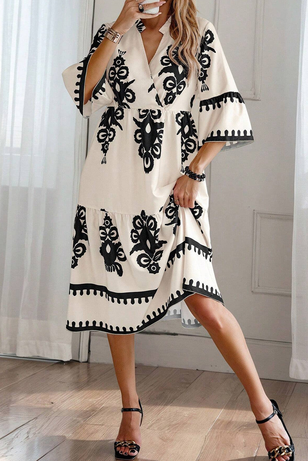 Beige Western Geometric Print 3/4 Sleeve Loose Midi Dress-Dresses/Midi Dresses-[Adult]-[Female]-2022 Online Blue Zone Planet