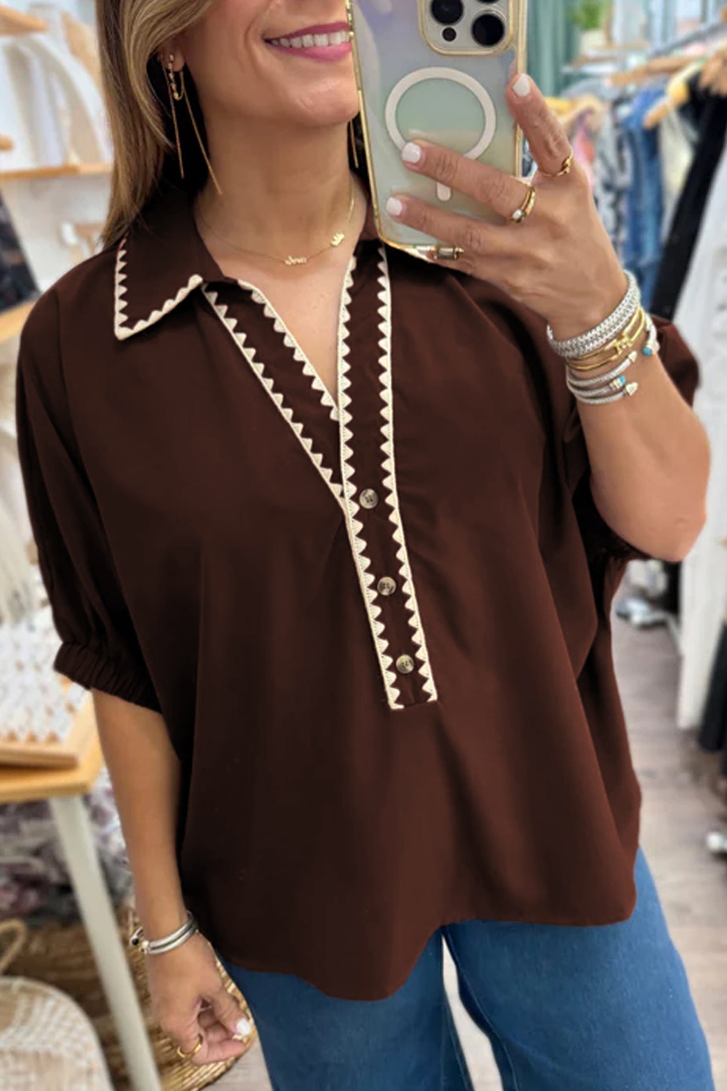 Coffee Shirt Collar Contrast Trim Button V Neck Short Sleeve Blouse-Tops/Blouses & Shirts-[Adult]-[Female]-Coffee-S-2022 Online Blue Zone Planet