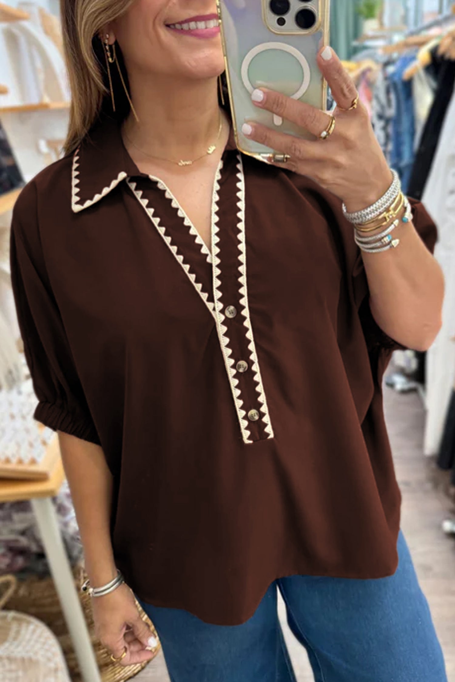Coffee Shirt Collar Contrast Trim Button V Neck Short Sleeve Blouse-Tops/Blouses & Shirts-[Adult]-[Female]-Coffee-S-2022 Online Blue Zone Planet