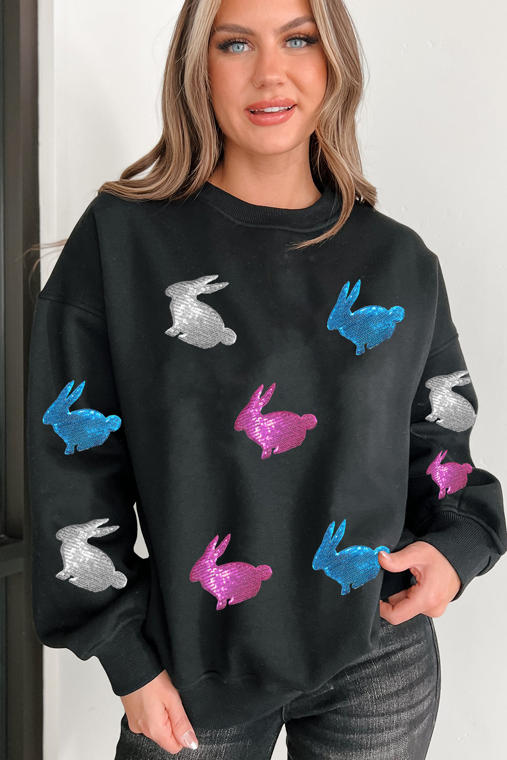 Black Easter Bunny Sequin Patched Drop Shoulder Sweatshirt-Graphic/Graphic Sweatshirts-[Adult]-[Female]-2022 Online Blue Zone Planet