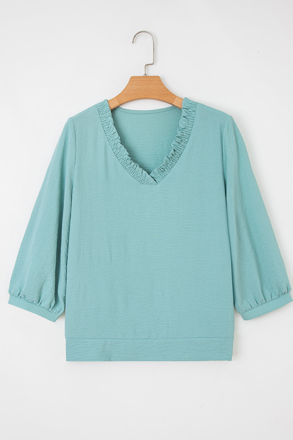 Moonlight Jade Frilled V Neckline Bracelet Sleeve Crinkled Blouse-Bracelet-[Adult]-[Female]-2022 Online Blue Zone Planet