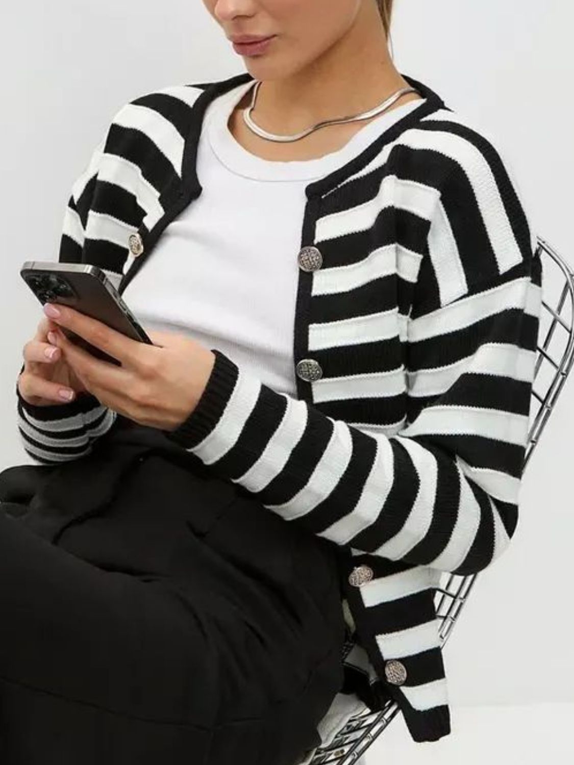 Striped Dropped Shoulder Long Sleeve Cardigan-TOPS / DRESSES-[Adult]-[Female]-2022 Online Blue Zone Planet