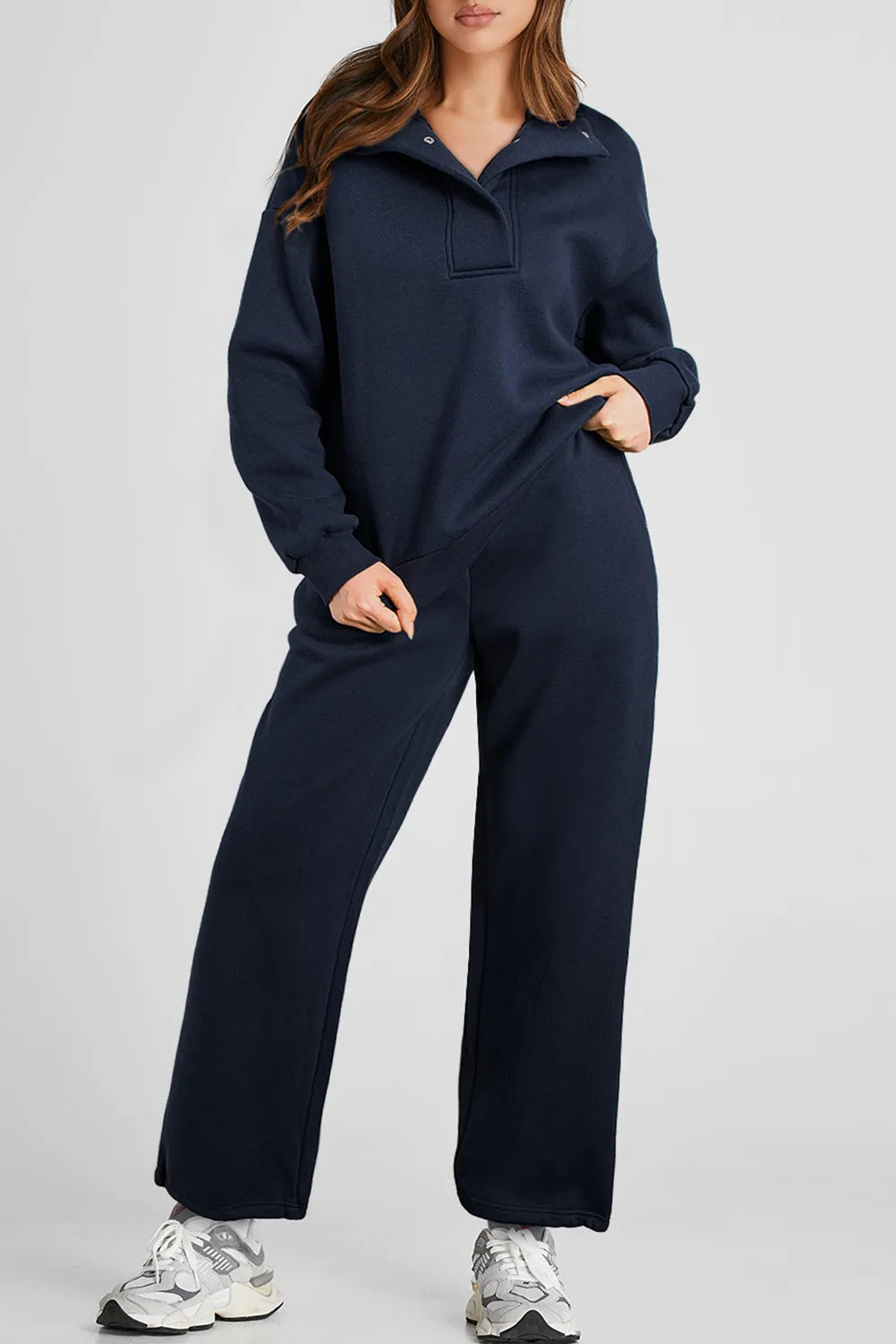 Blue Zone Planet | Half Snap Long Sleeve Top and Pants Active Set-TOPS / DRESSES-[Adult]-[Female]-Dark Navy-S-2022 Online Blue Zone Planet