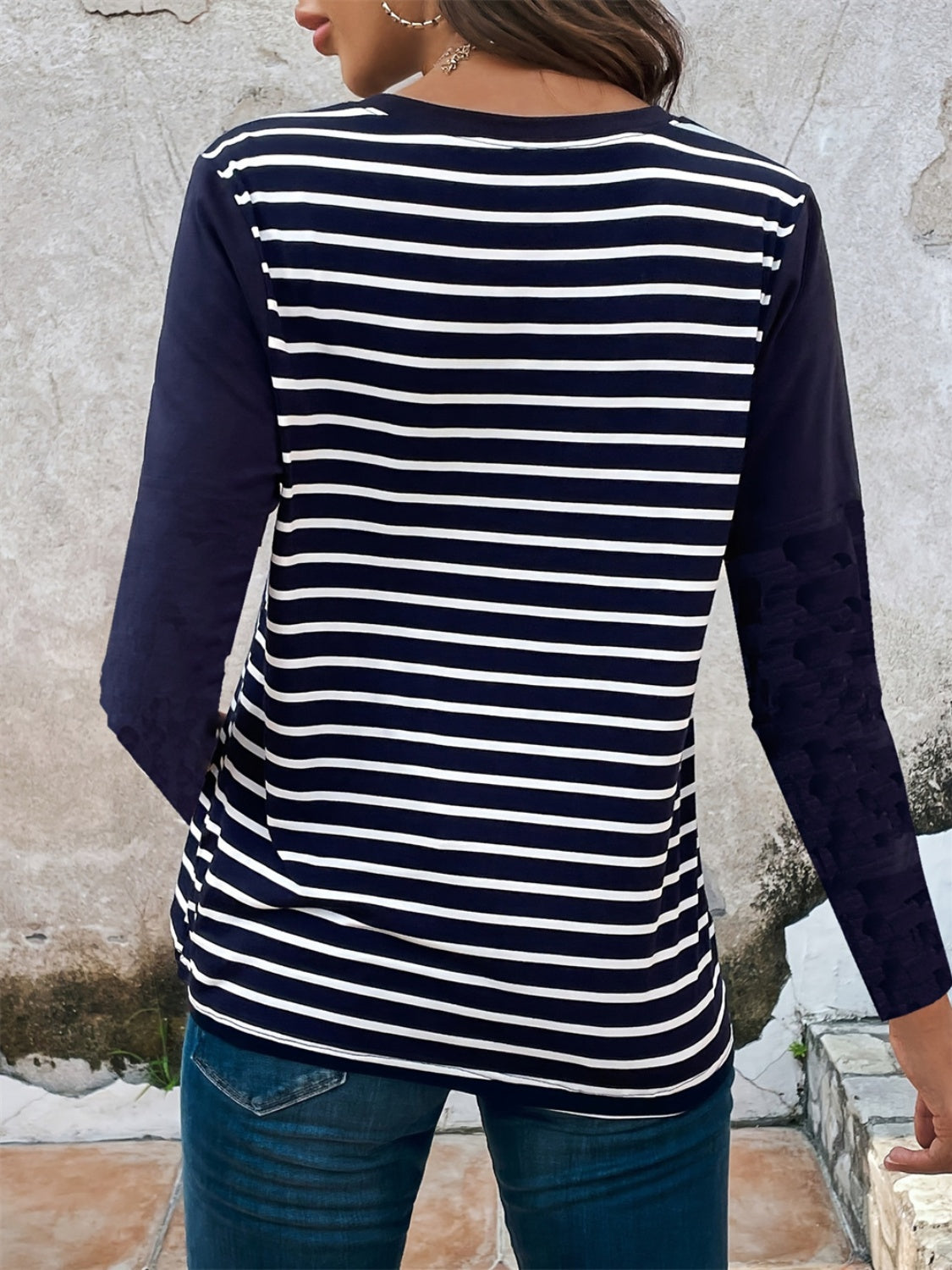 Blue Zone Planet | Decorative Button Striped Round Neck Long Sleeve T-Shirt-TOPS / DRESSES-[Adult]-[Female]-2022 Online Blue Zone Planet