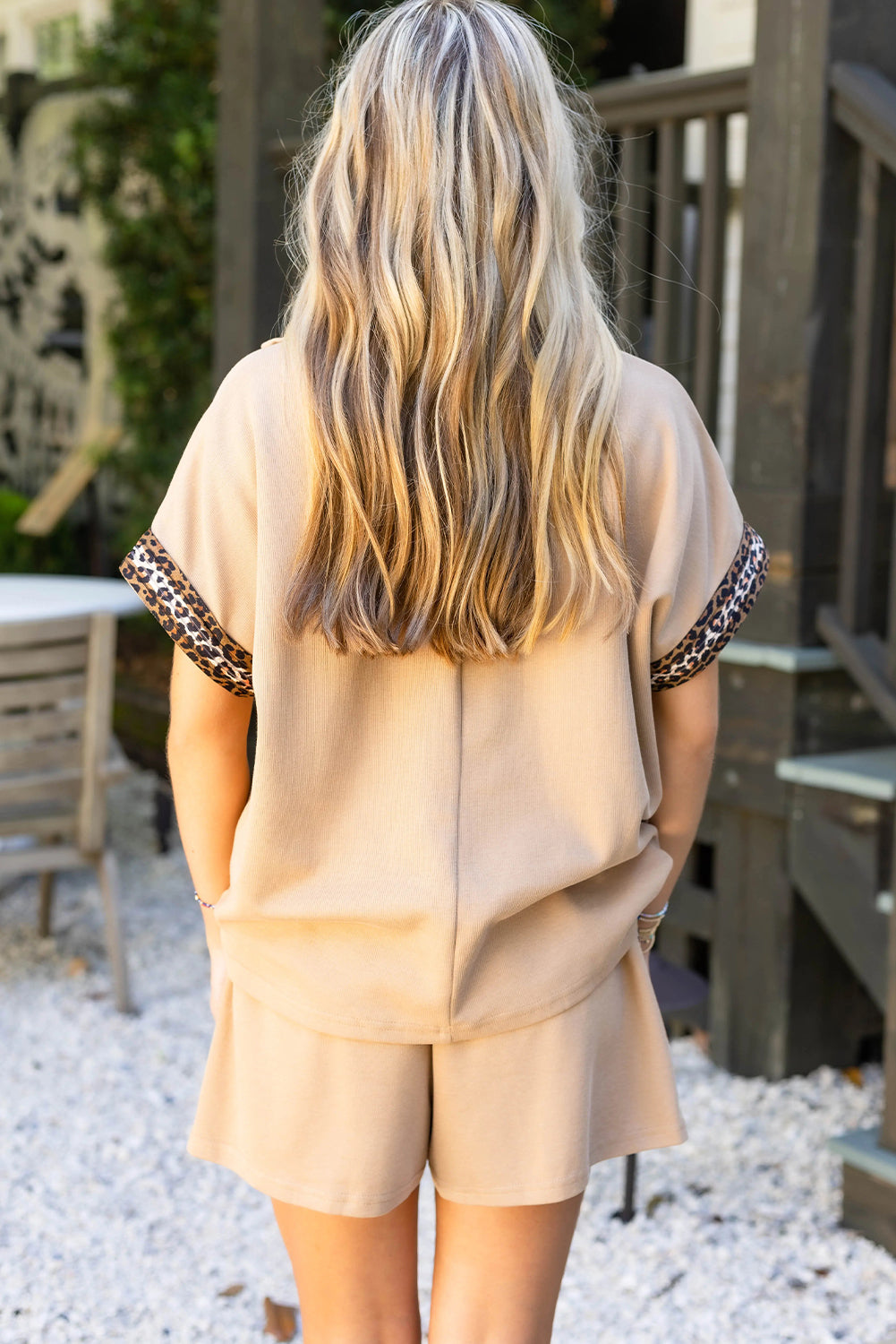 Parchment Leopard Trim Zipped Short Sleeve Casual Set-Two Piece Sets/Short Sets-[Adult]-[Female]-2022 Online Blue Zone Planet