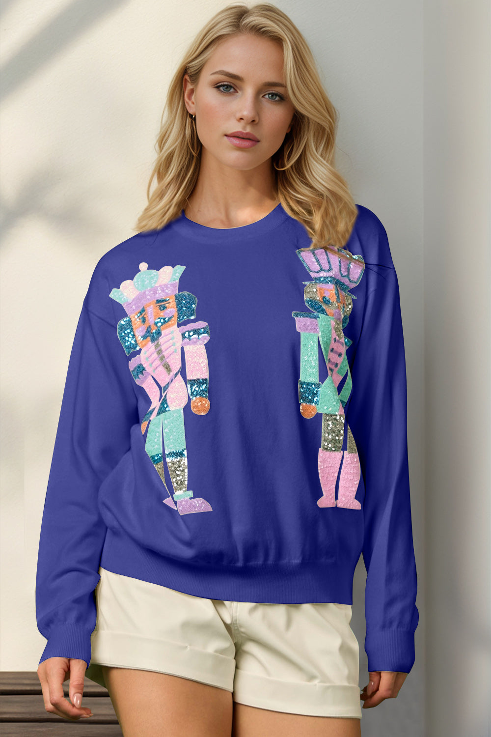 Blue Zone Planet | Double Take Full Size Sequin Nutcracker Long Sleeve Sweater-TOPS / DRESSES-[Adult]-[Female]-Royal Blue-S/M-2022 Online Blue Zone Planet