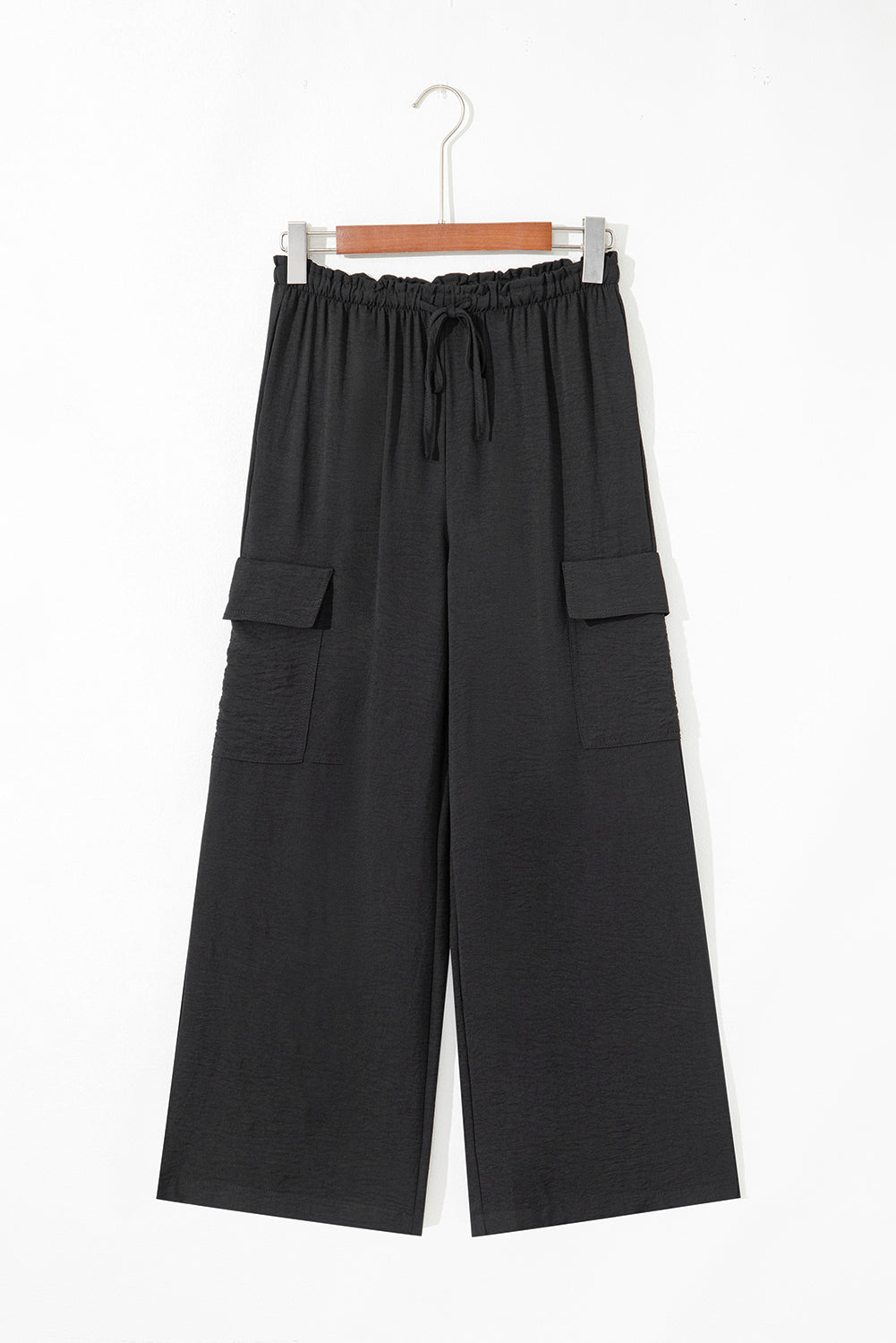 Black Drawstring Frilled Waist Wide Leg Utility Trousers-Bottoms/Pants & Culotte-[Adult]-[Female]-2022 Online Blue Zone Planet