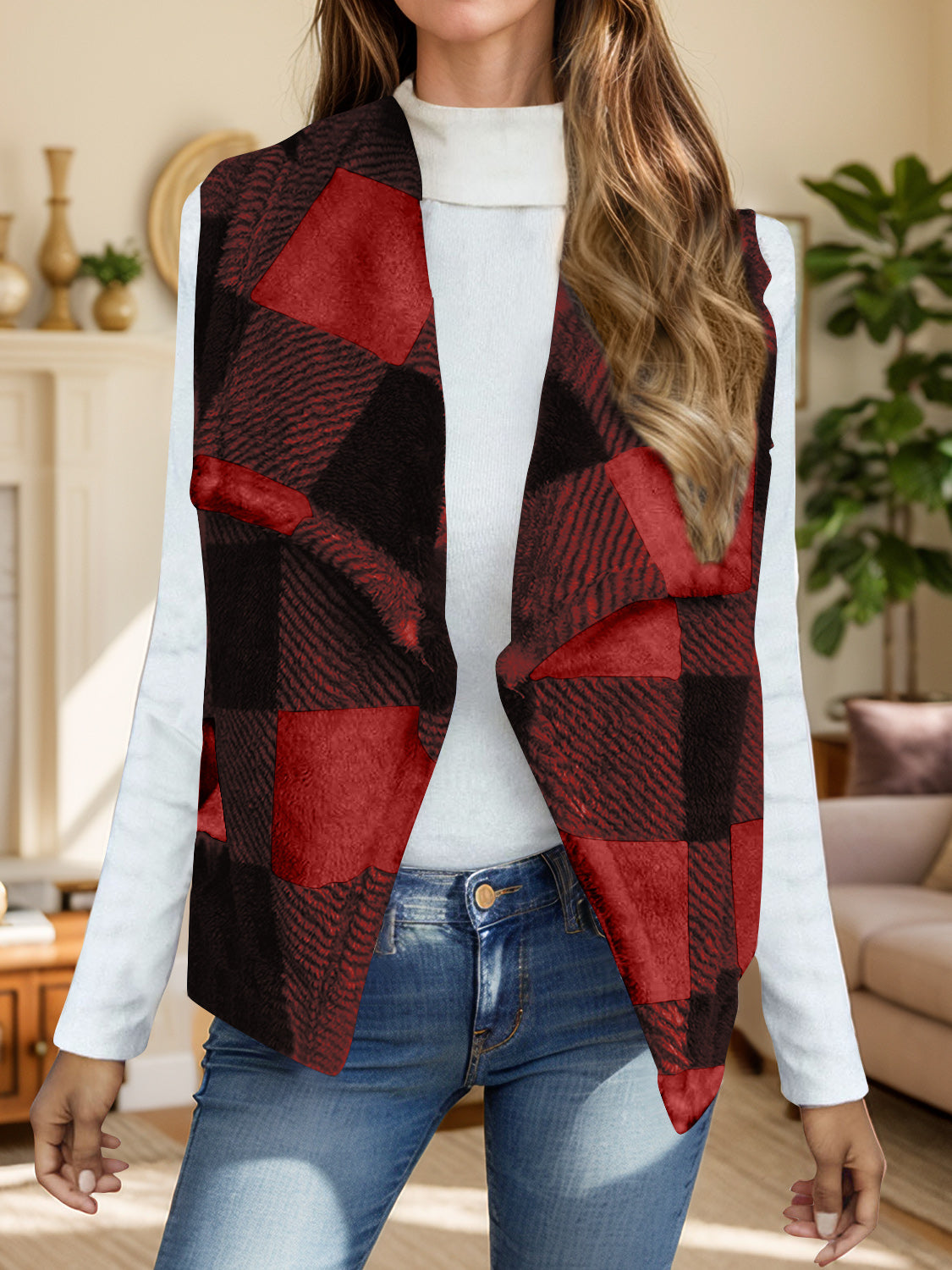 Plaid Open Front Vest Coat-TOPS / DRESSES-[Adult]-[Female]-Burgundy-S-2022 Online Blue Zone Planet