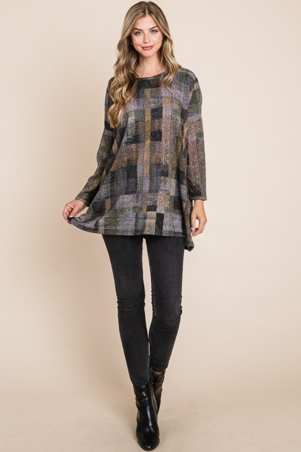 BOMBOM Plaid Round Neck Long Sleeve Top-TOPS / DRESSES-[Adult]-[Female]-2022 Online Blue Zone Planet