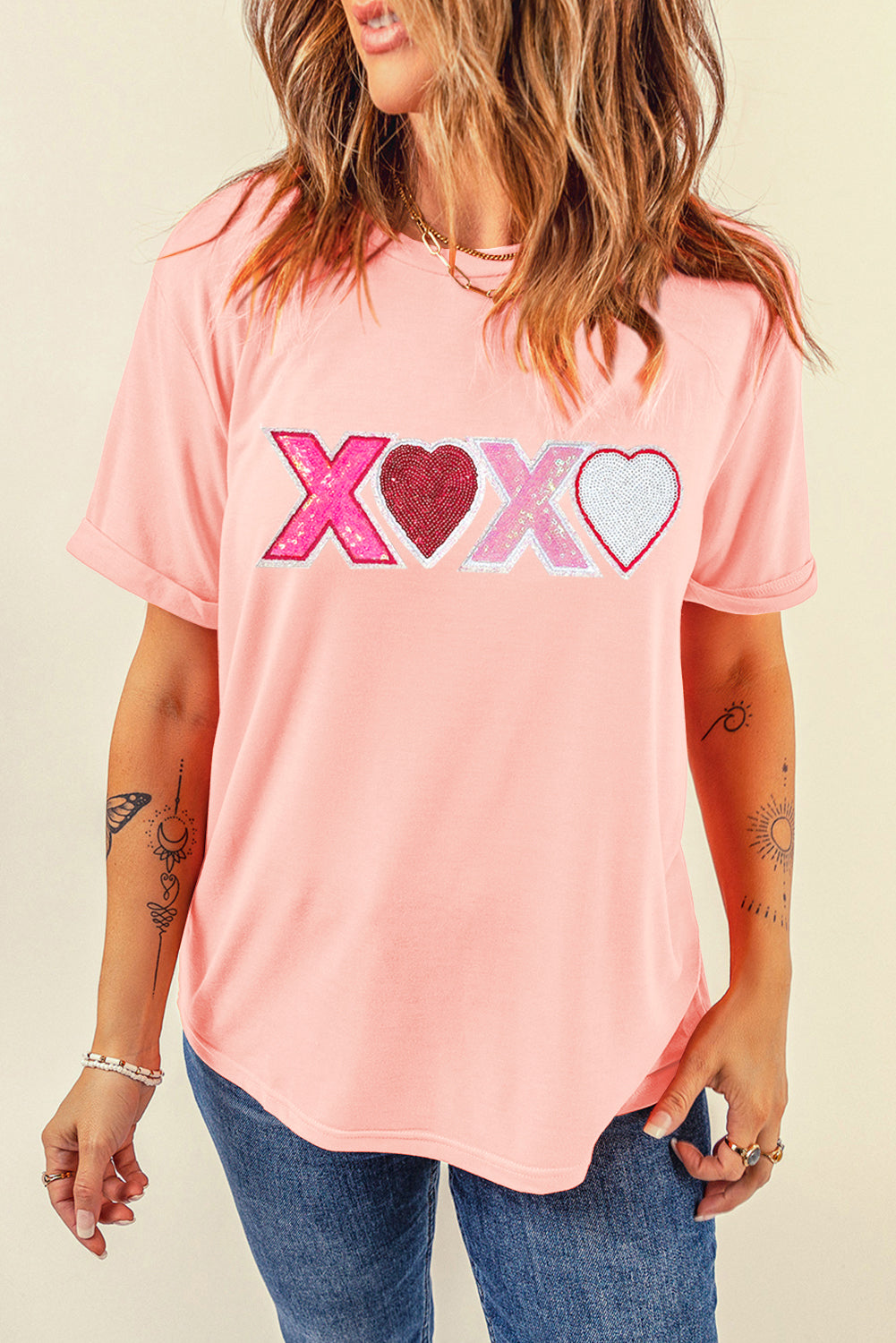 Pink Sequin Heart XOXO Patched Graphic Valentines T Shirt-Graphic Tees-[Adult]-[Female]-2022 Online Blue Zone Planet