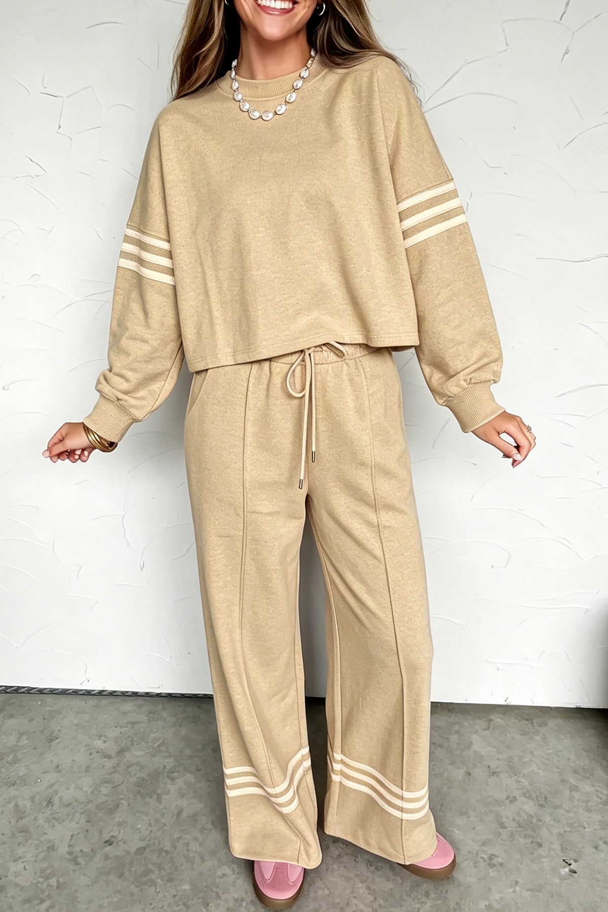Parchment Contrasting Striped Detail Long Sleeve Top Loose Pants 2pcs Set-Two Piece Sets/Pant Sets-[Adult]-[Female]-2022 Online Blue Zone Planet