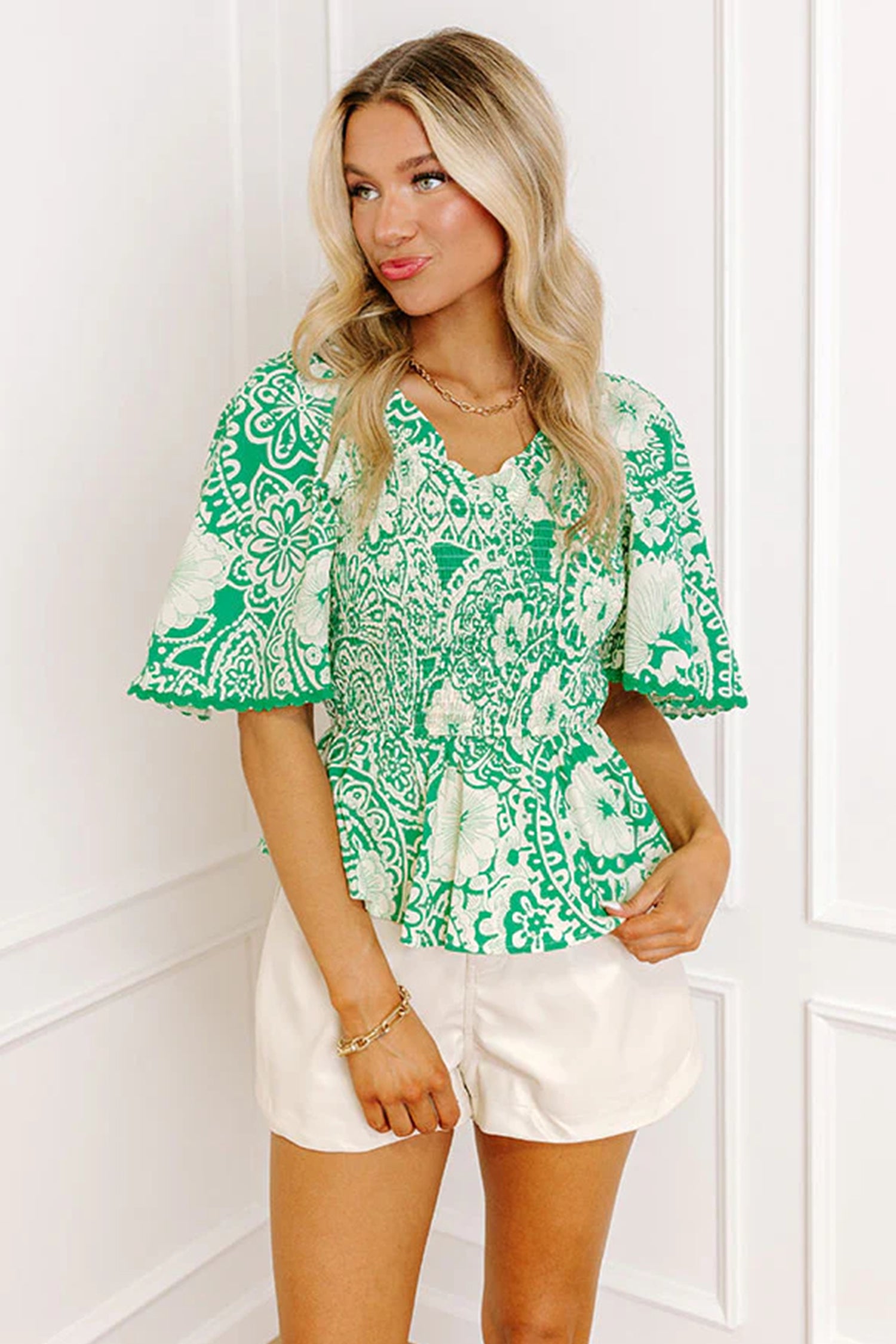 Green Flirty Floral Smocked V Neck Blouse-Tops/Blouses & Shirts-[Adult]-[Female]-2022 Online Blue Zone Planet