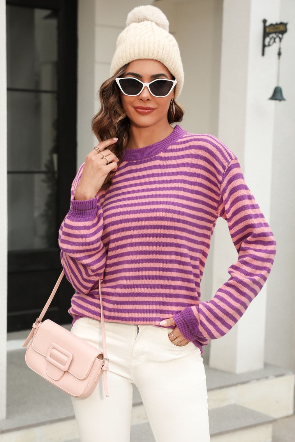 Angel Wings Striped Round Neck Dropped Shoulder Sweater-TOPS / DRESSES-[Adult]-[Female]-2022 Online Blue Zone Planet