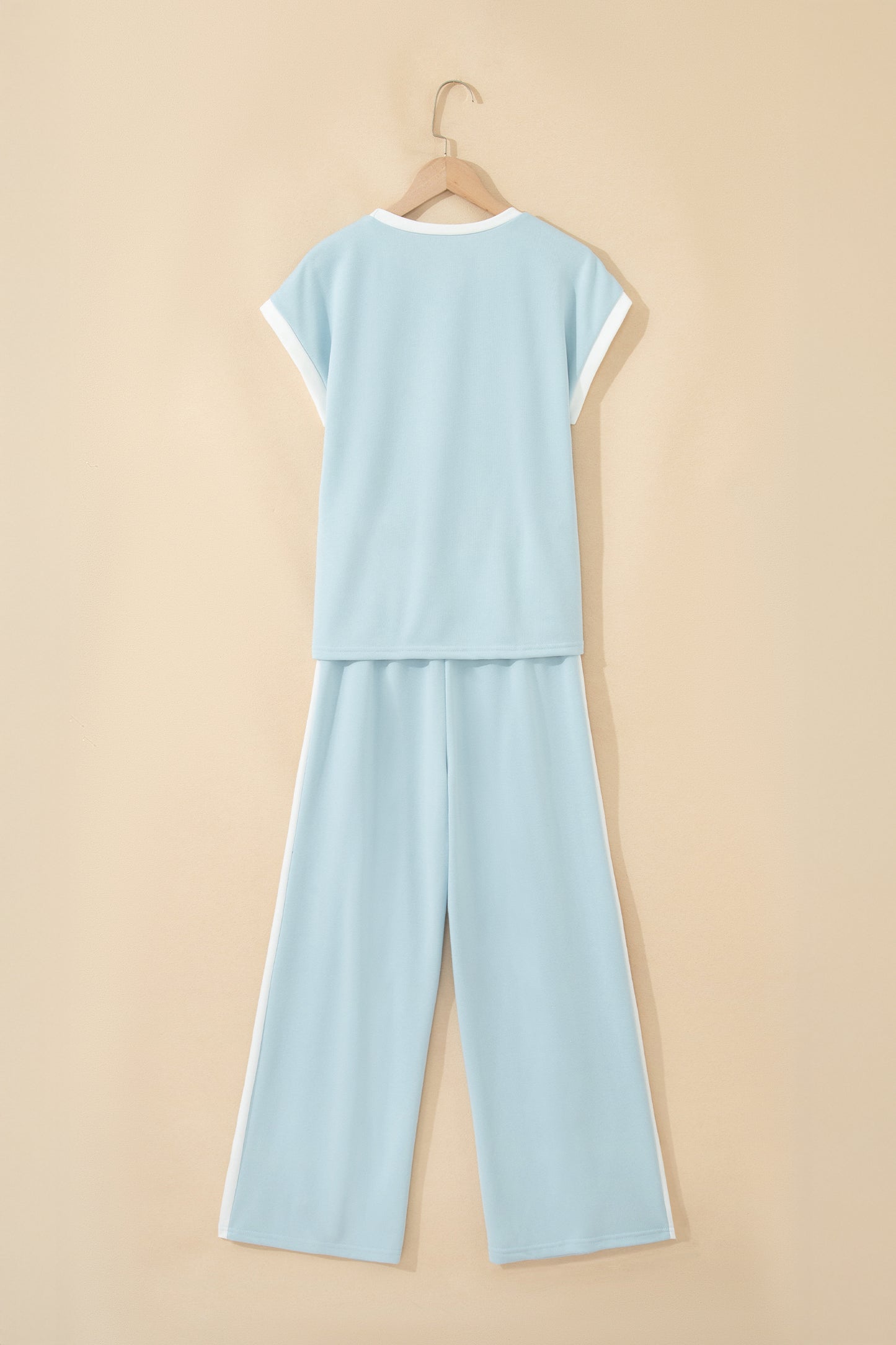 Mist Blue Contrast Trim Round Neck Pocketed Boxy Tank Top Wide Leg Pant Set-Two Piece Sets/Pant Sets-[Adult]-[Female]-2022 Online Blue Zone Planet