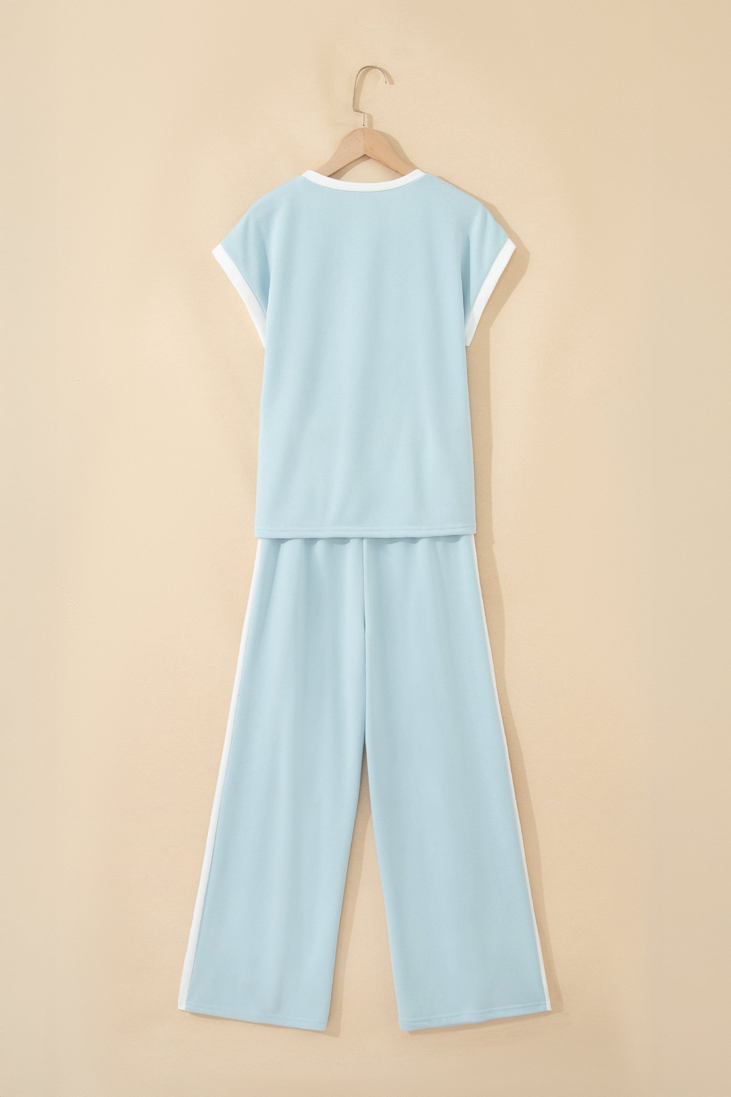 Mist Blue Contrast Trim Round Neck Pocketed Boxy Tank Top Wide Leg Pant Set-Two Piece Sets/Pant Sets-[Adult]-[Female]-2022 Online Blue Zone Planet