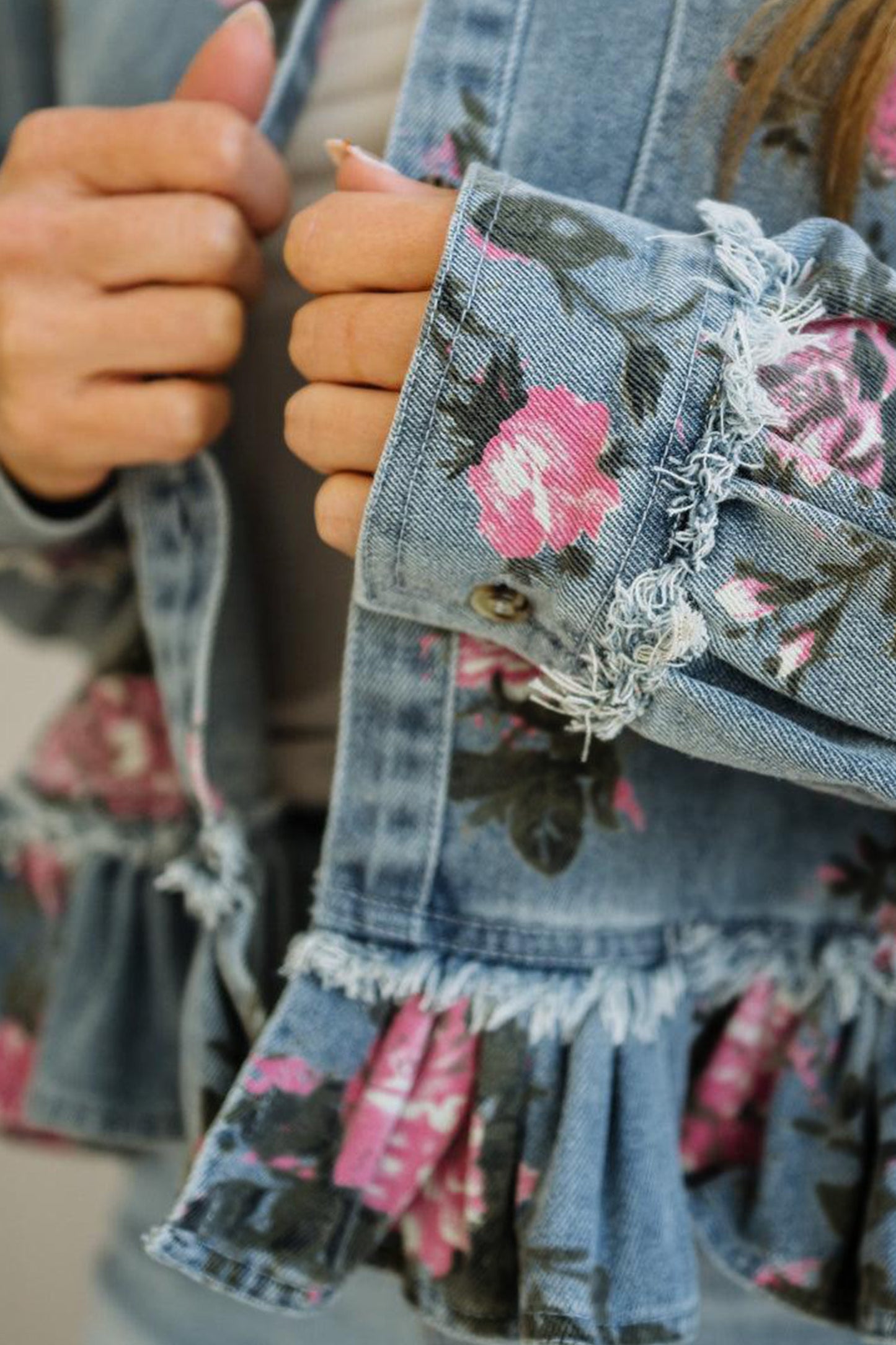 Sky Blue Floral Print Raw Seam Ruffle Hem Denim Jacket-Outerwear/Denim jackets-[Adult]-[Female]-2022 Online Blue Zone Planet