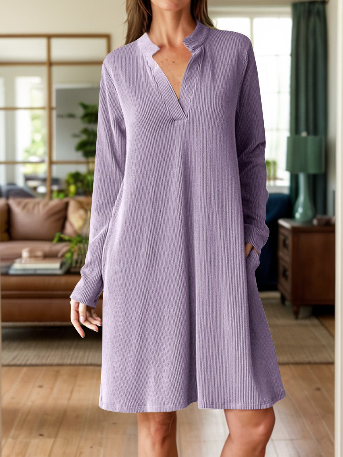 Blue Zone Planet | Notched Long Sleeve Mini Dress with Pockets-TOPS / DRESSES-[Adult]-[Female]-Lilac-S-2022 Online Blue Zone Planet