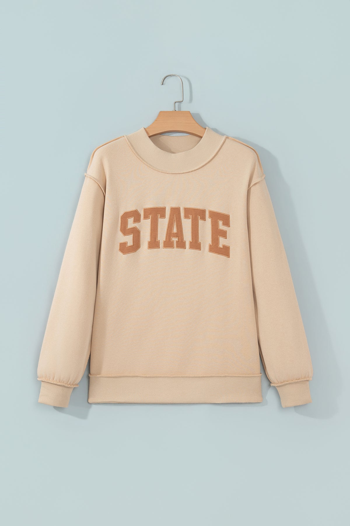 Coffee Exposed Seam Mock Neck STATE Letter Graphic Loose Sweatshirt-Tops/Sweatshirts & Hoodies-[Adult]-[Female]-2022 Online Blue Zone Planet