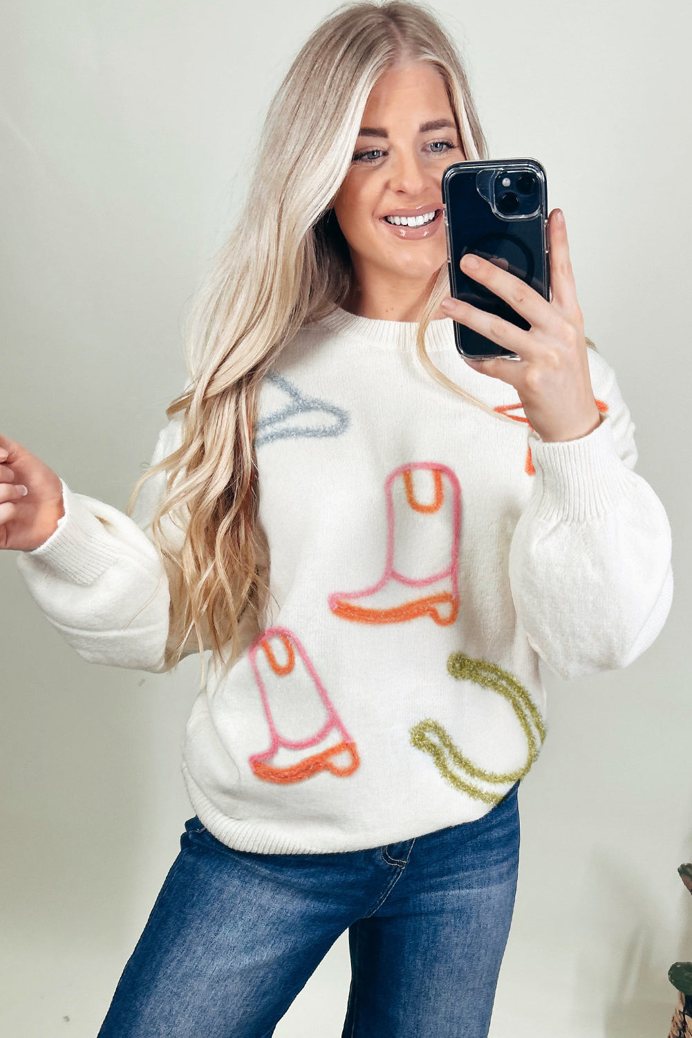 White Tinsel Western Boots Horseshoe Star Knit Crew Neck Sweater-TOPS / DRESSES-[Adult]-[Female]-2022 Online Blue Zone Planet