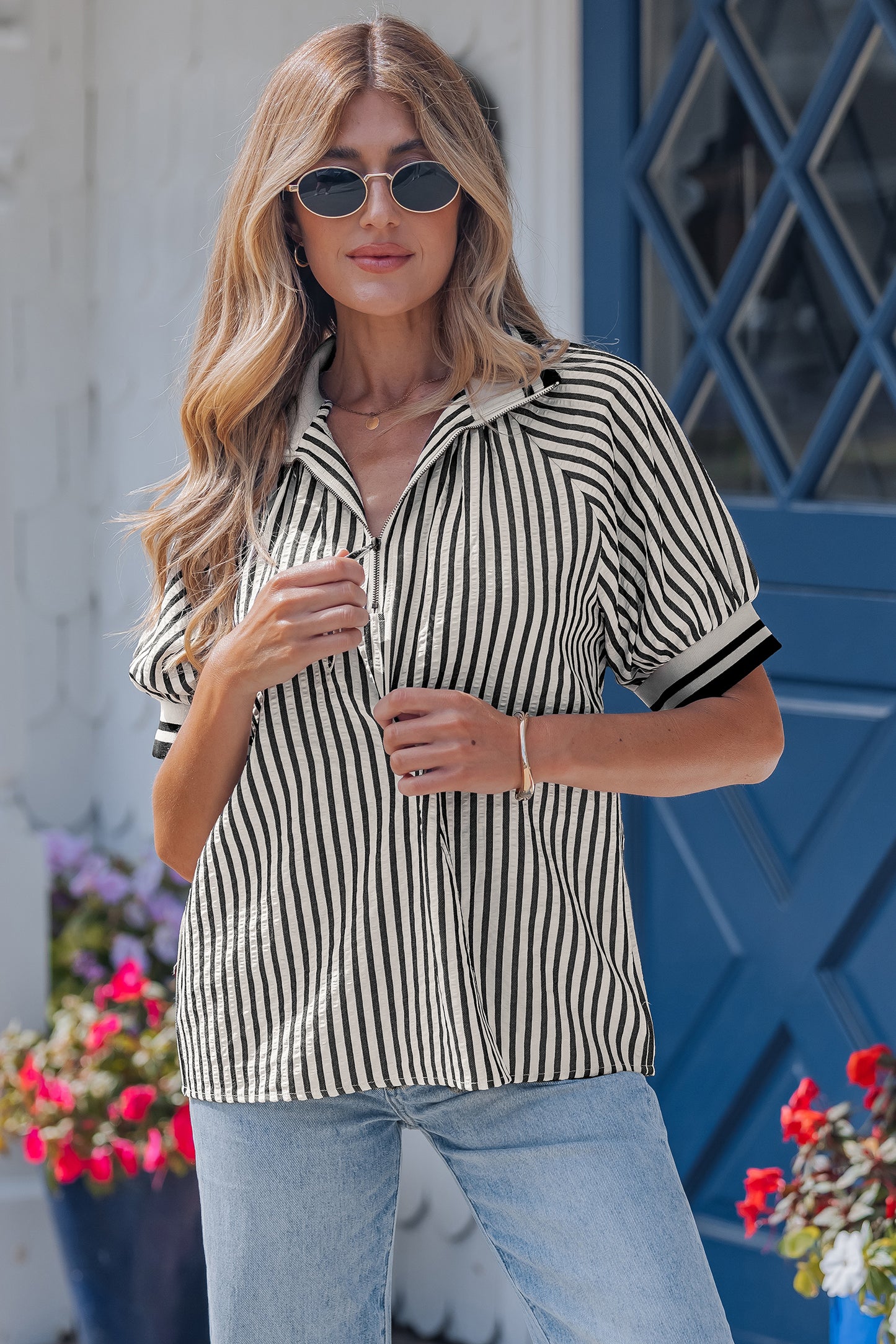 Black Stripe Polo Collar Half Zip Short Puff Sleeve Blouse-Tops/Blouses & Shirts-[Adult]-[Female]-2022 Online Blue Zone Planet