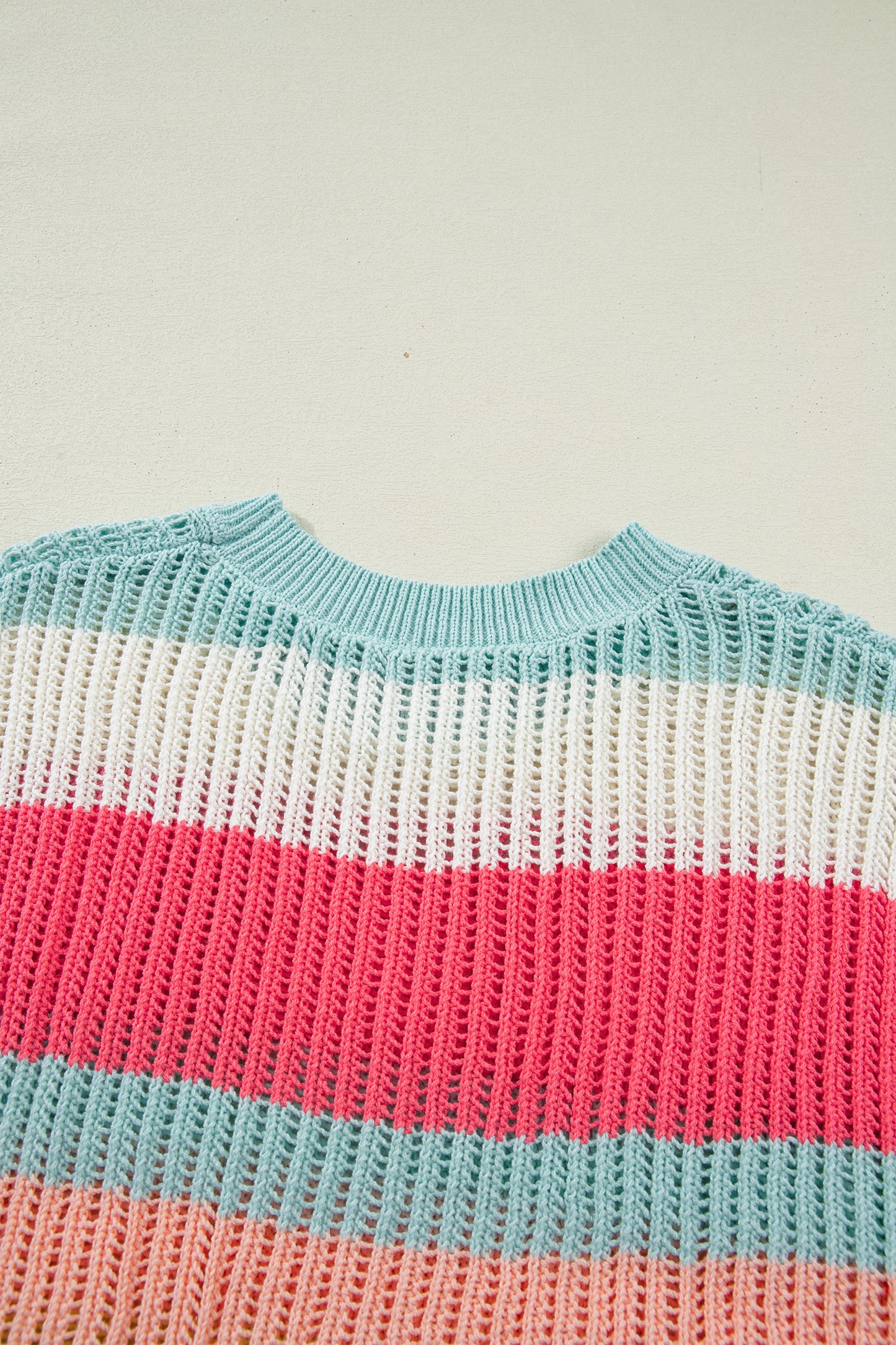 Green Stripe Color Block Hollow Out Knit Short Sleeve Sweater-TOPS / DRESSES-[Adult]-[Female]-2022 Online Blue Zone Planet