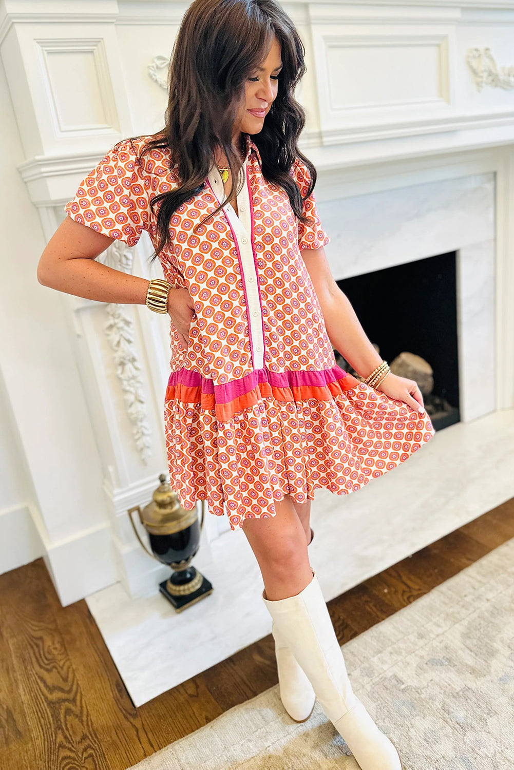 Orange Geometric Floral Print Color Block Trim Button Front Ruffle Hem Dress-Dresses/Floral Dresses-[Adult]-[Female]-2022 Online Blue Zone Planet