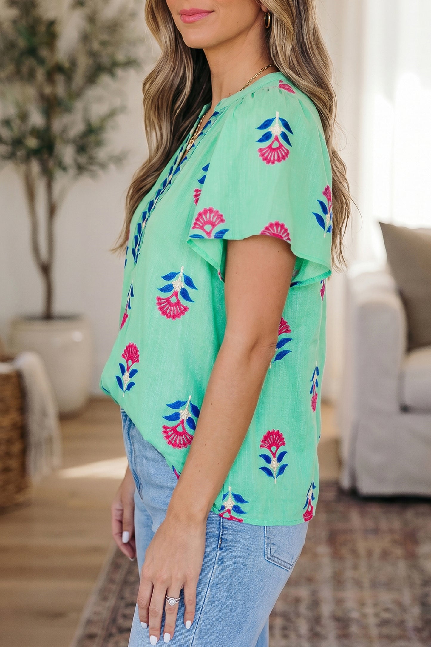 Green Floral V Neck Flutter Sleeve Blouse-Tops/Blouses & Shirts-[Adult]-[Female]-2022 Online Blue Zone Planet