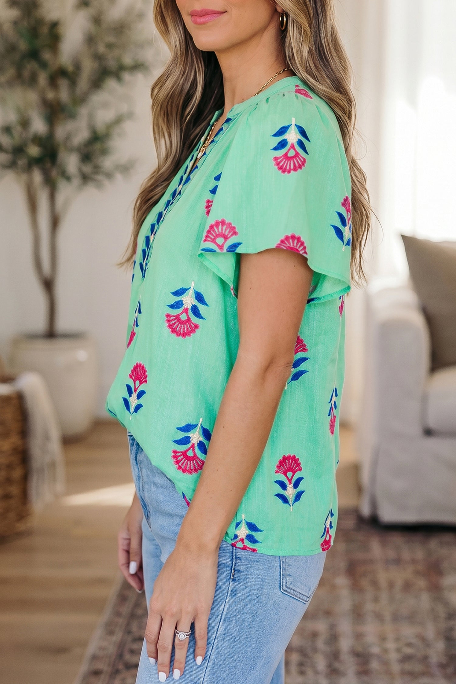 Green Floral V Neck Flutter Sleeve Blouse-Tops/Blouses & Shirts-[Adult]-[Female]-2022 Online Blue Zone Planet