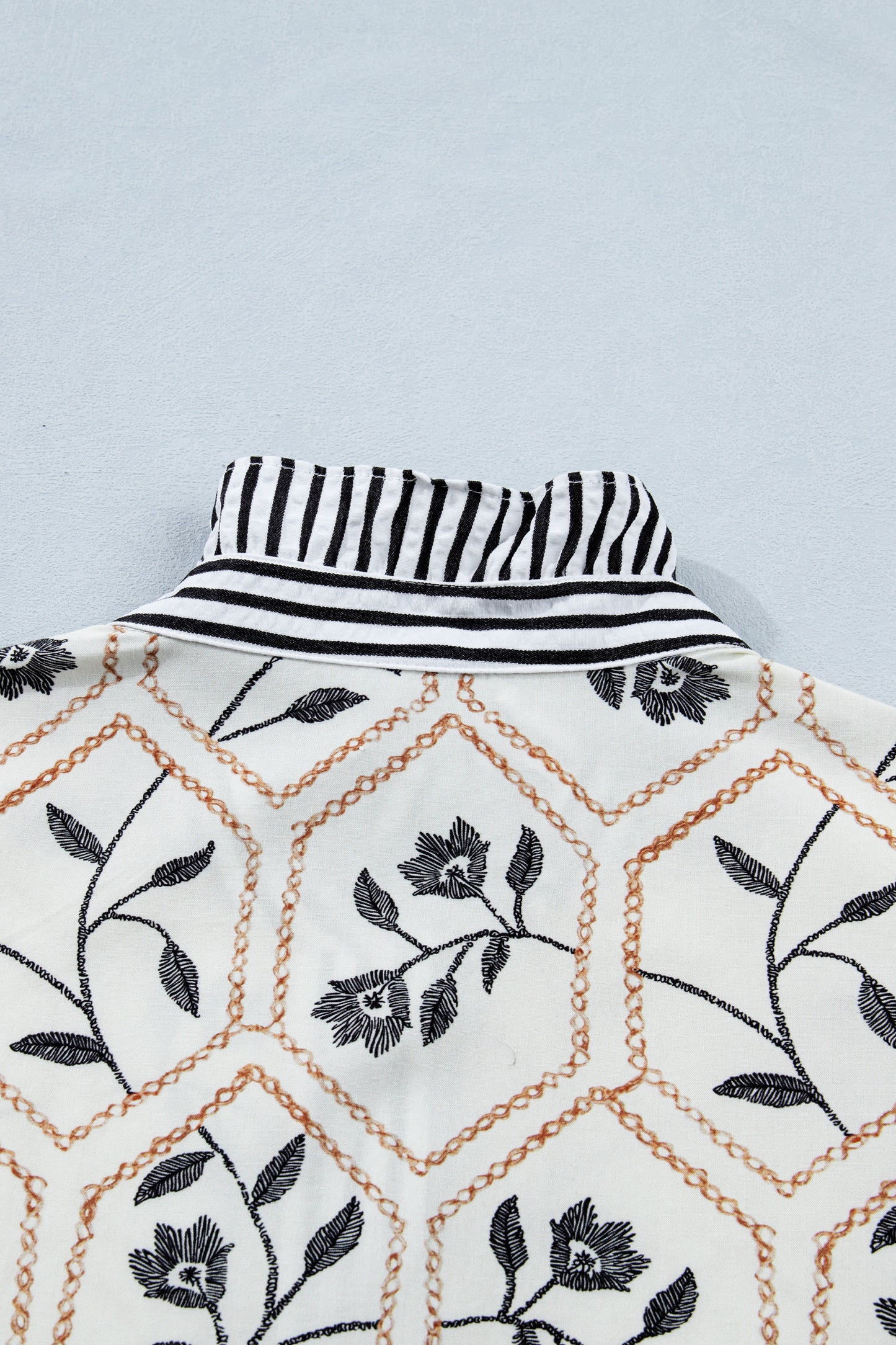 White Floral Print Striped Patchwork Button Neck Short Sleeve Blouse-Tops/Blouses & Shirts-[Adult]-[Female]-2022 Online Blue Zone Planet
