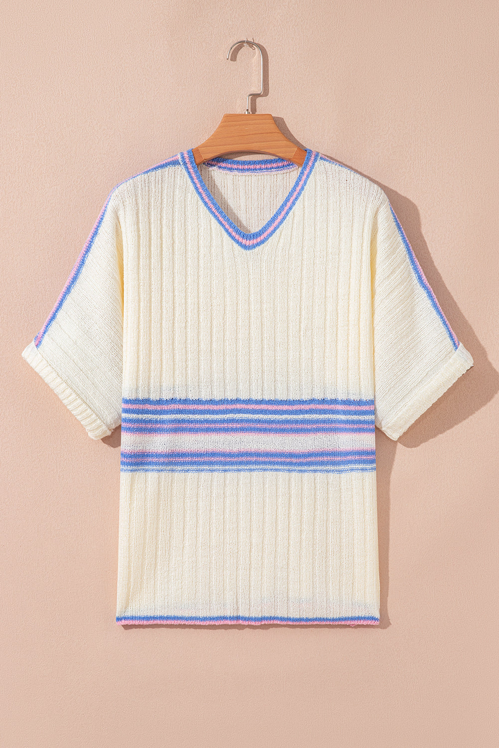 White Striped V Neck Dolman Sleeve Rib Knit Oversized Sweater with Slits-TOPS / DRESSES-[Adult]-[Female]-2022 Online Blue Zone Planet