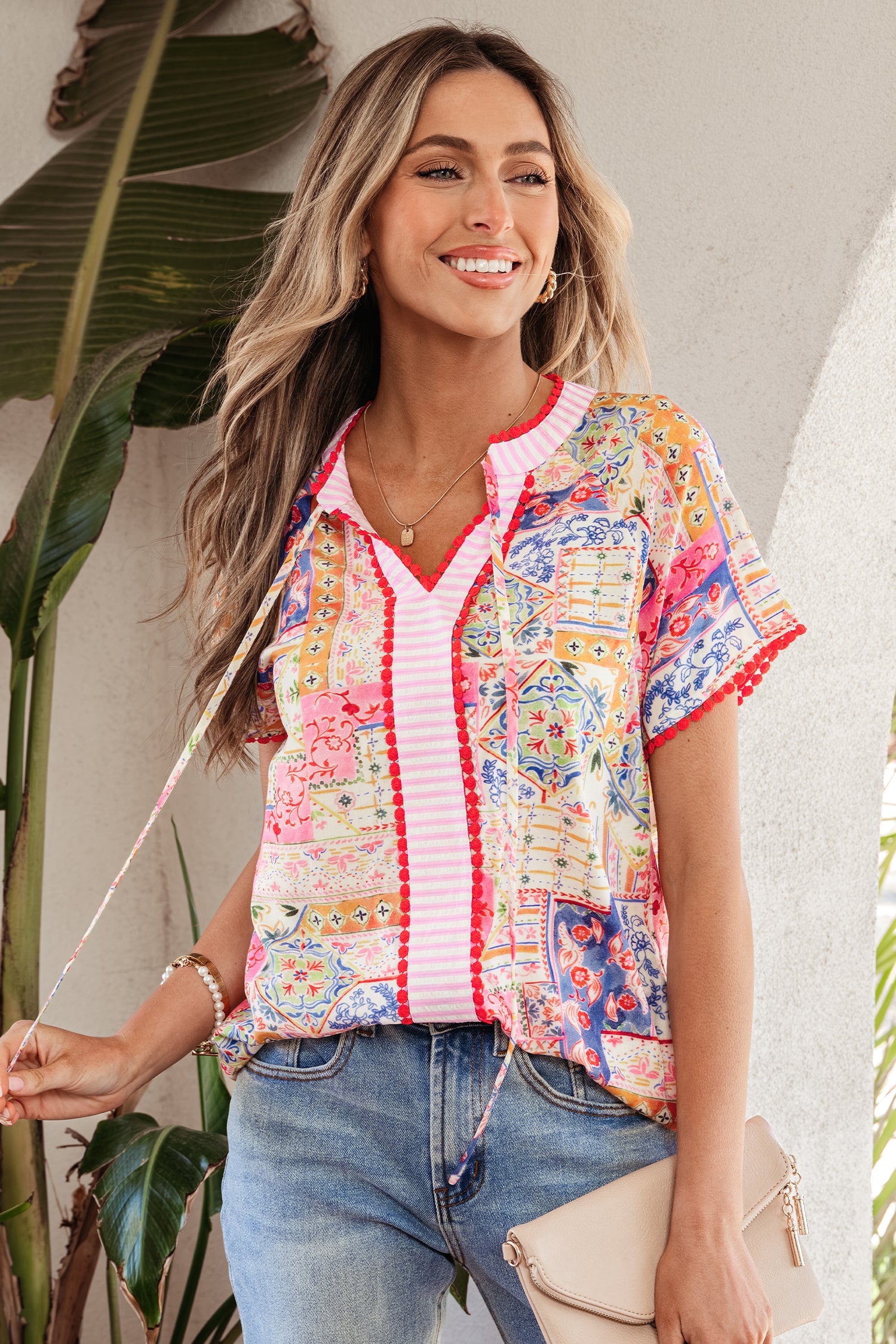 Red Mixed Print V Neck Short Sleeve Blouse-Tops/Blouses & Shirts-[Adult]-[Female]-2022 Online Blue Zone Planet