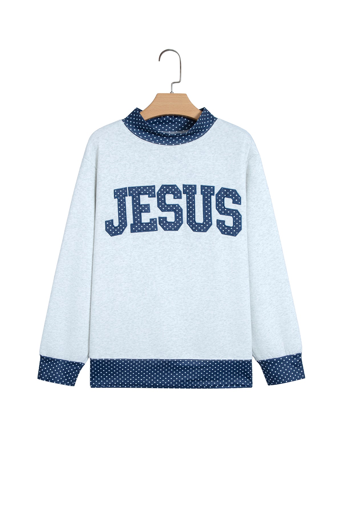 Light Grey Polka Dot Contrast Trim JESUS Letter Graphic Sweatshirt-Tops/Sweatshirts & Hoodies-[Adult]-[Female]-2022 Online Blue Zone Planet